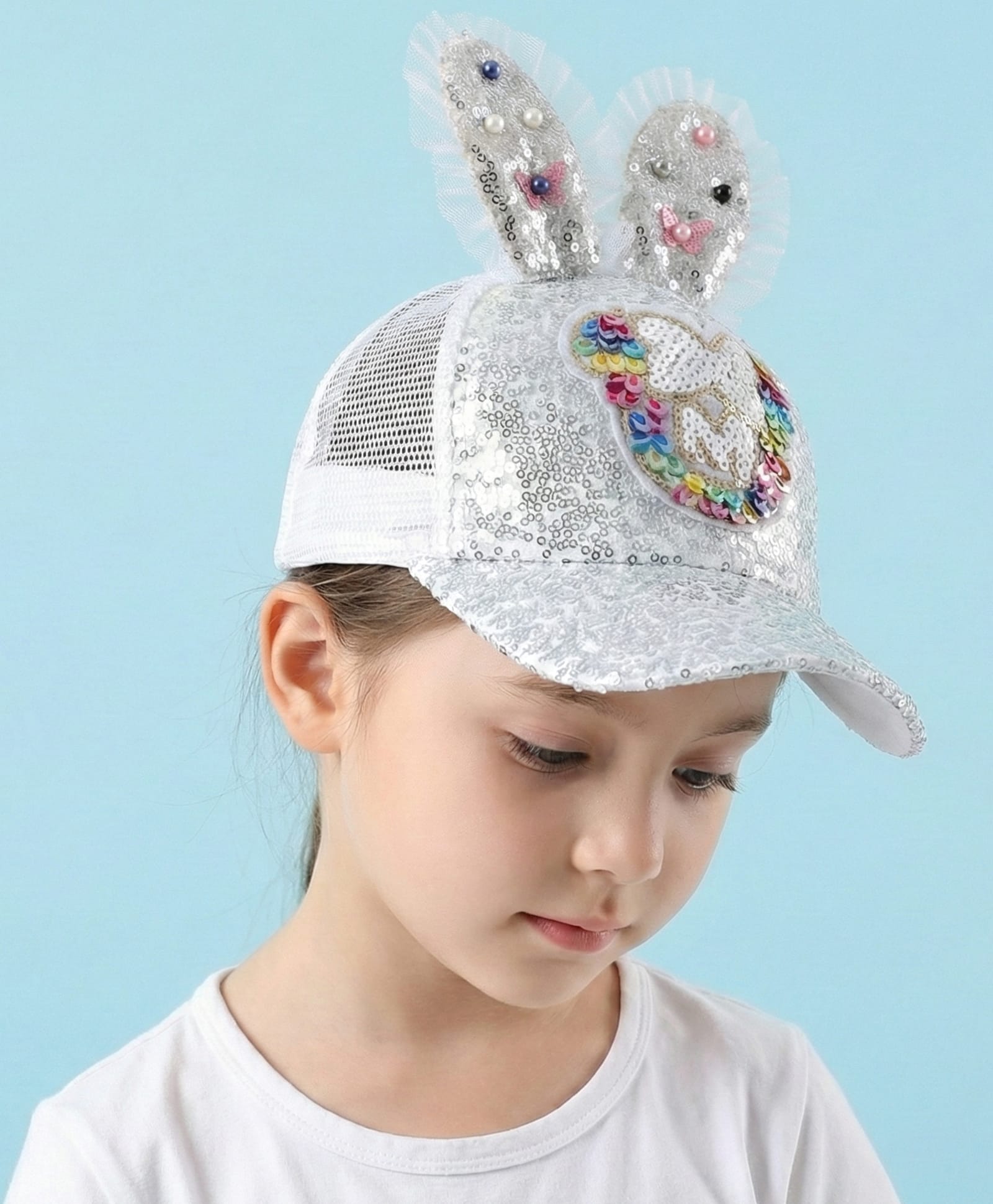 Vritraz Net Knit Bunny Applique Detailed Sequins Embellished Baseball Cap - White - Circumference 52 - 56 Cm-picture-25