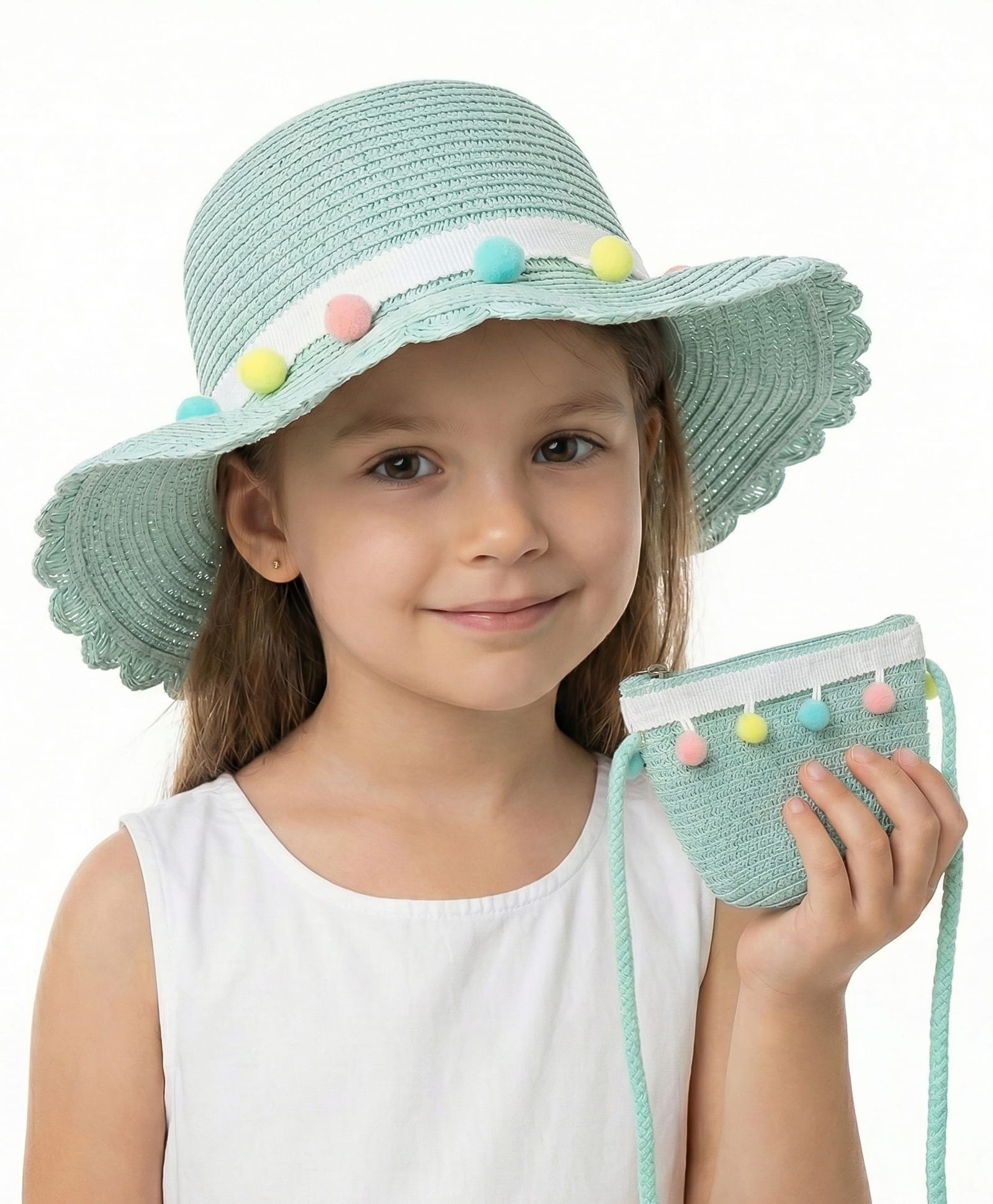 Vritraz Pom Pom Embellished Hat With Pouch - Green Circumference 52 - 56 Cms-image-4