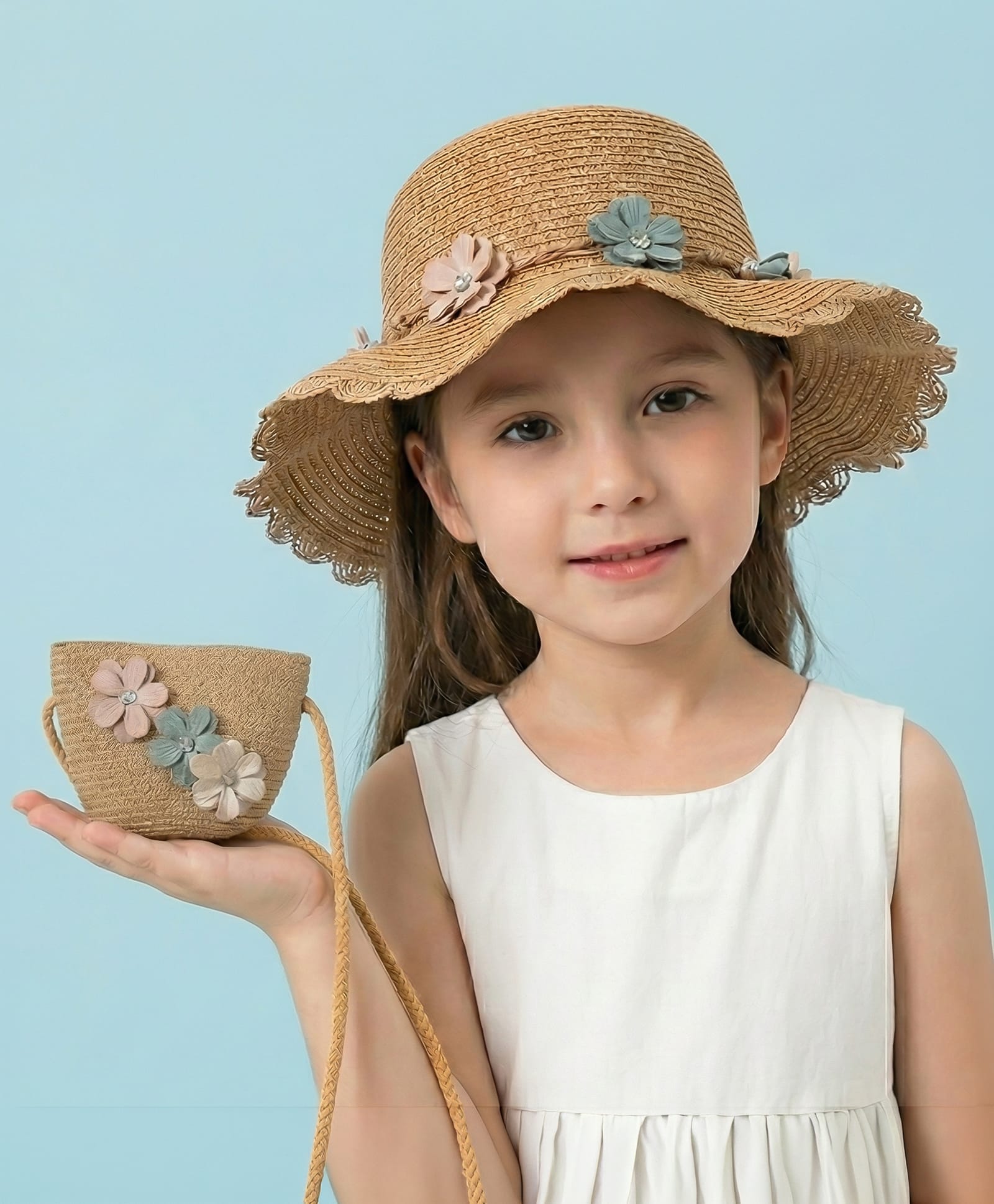 Vritraz Stone Embellished Floral Applique Detailed Hat With Pouch - Brown - Circumference - 52 - 56 Cm-image-39