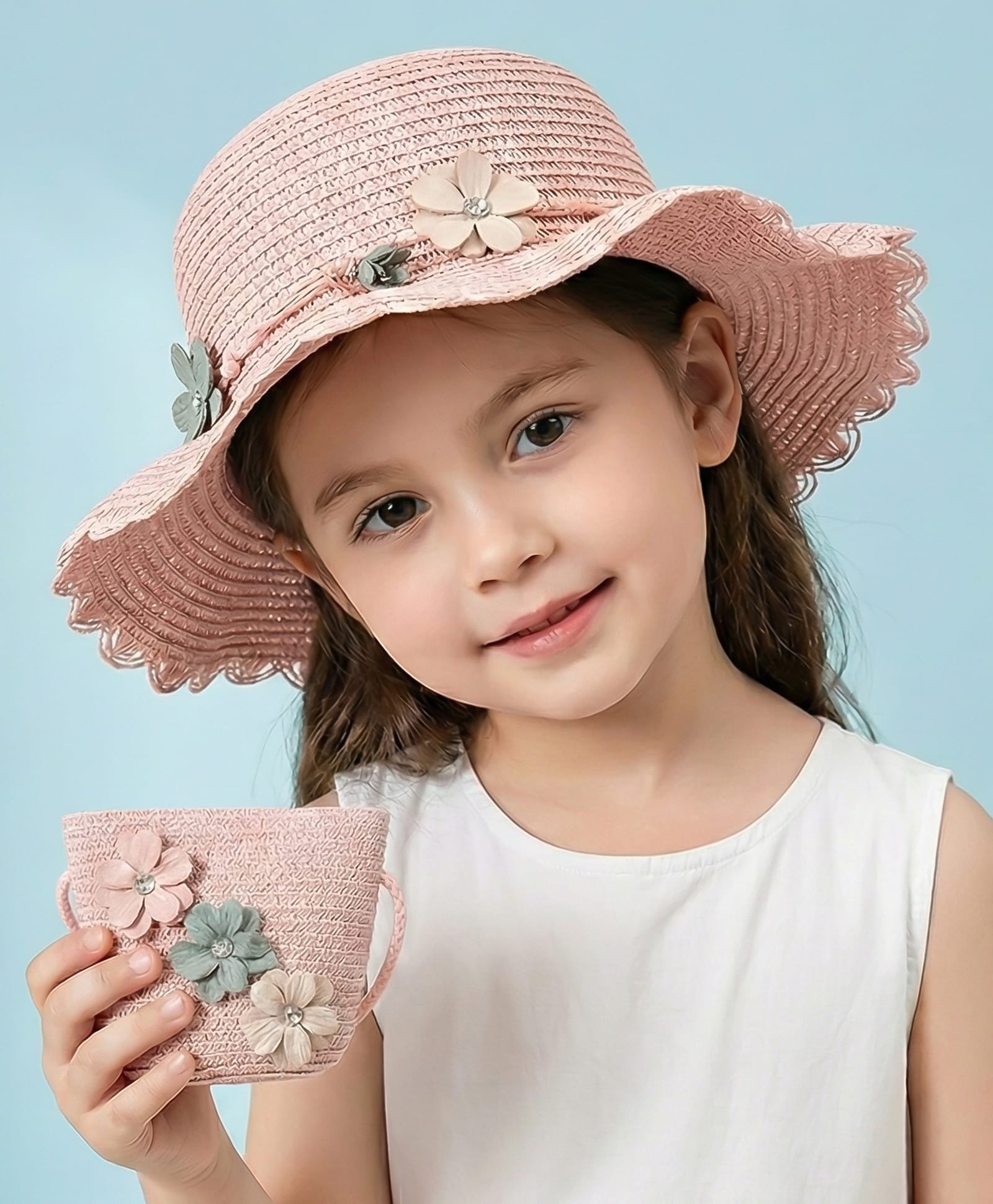 Vritraz Stone Embellished Floral Applique Detailed Hat With Pouch - Pink - Circumference - 52 - 56 Cm-image-22