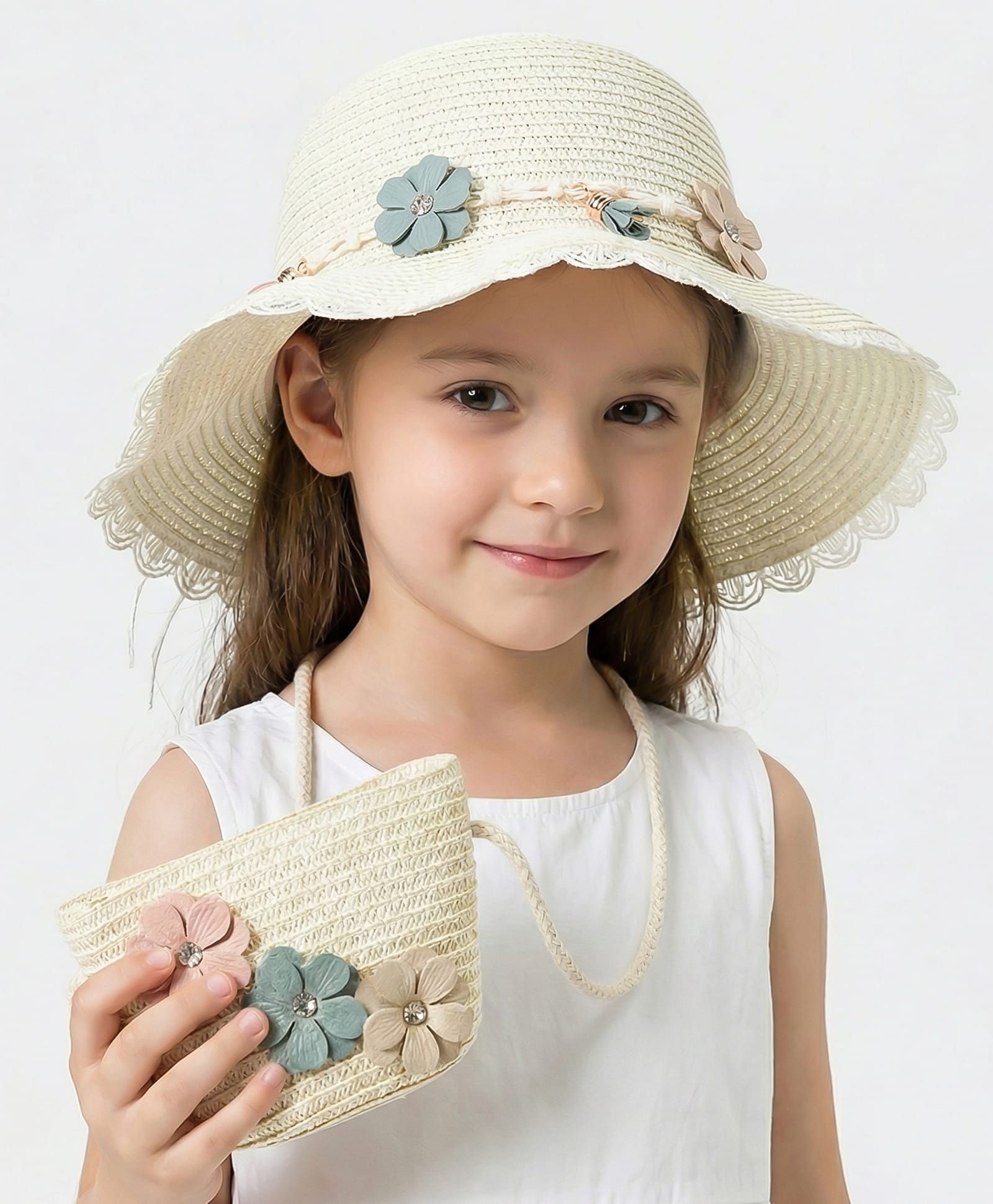 Vritraz Stone Embellished Floral Applique Detailed Hat With Pouch - White - Circumference - 52 - 56 Cm-image-23