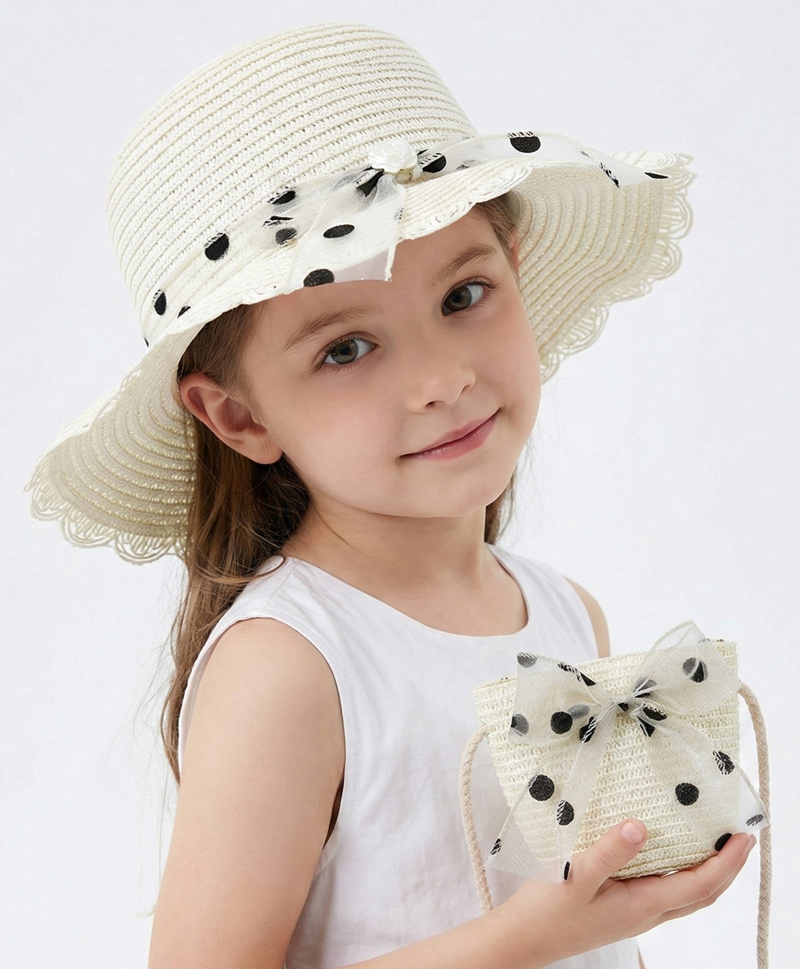 Vritraz Floral Embellished Polka Dots Printed Bow & Floral Applique Detailed Hat With Pouch - White - Circumference - 52 - 56 Cm-image-2
