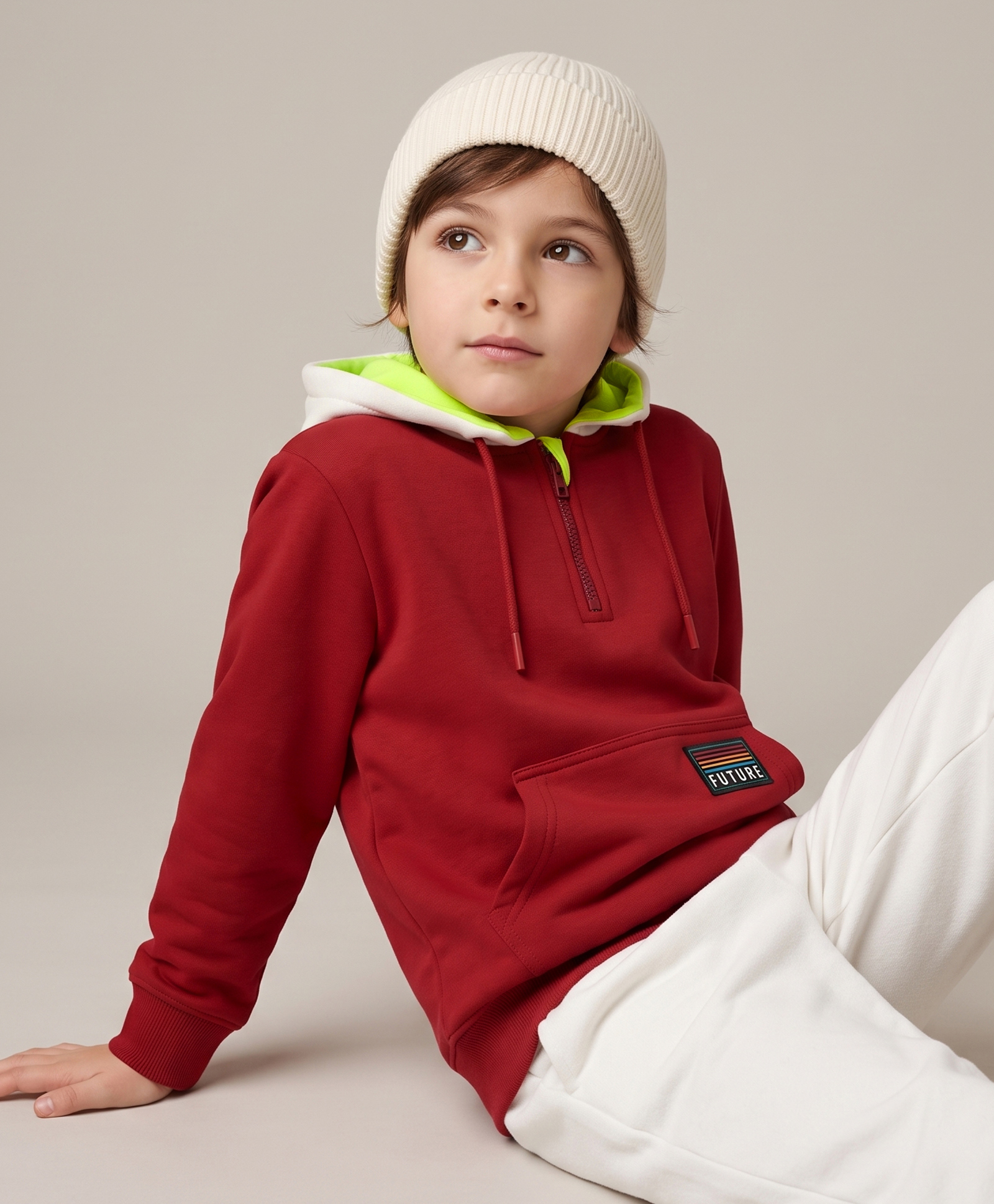 Pine Kids Cotton Knit Hoodie with Full Sleeves & Future Patch & Kangaroo Pockets - Maroon-image-48