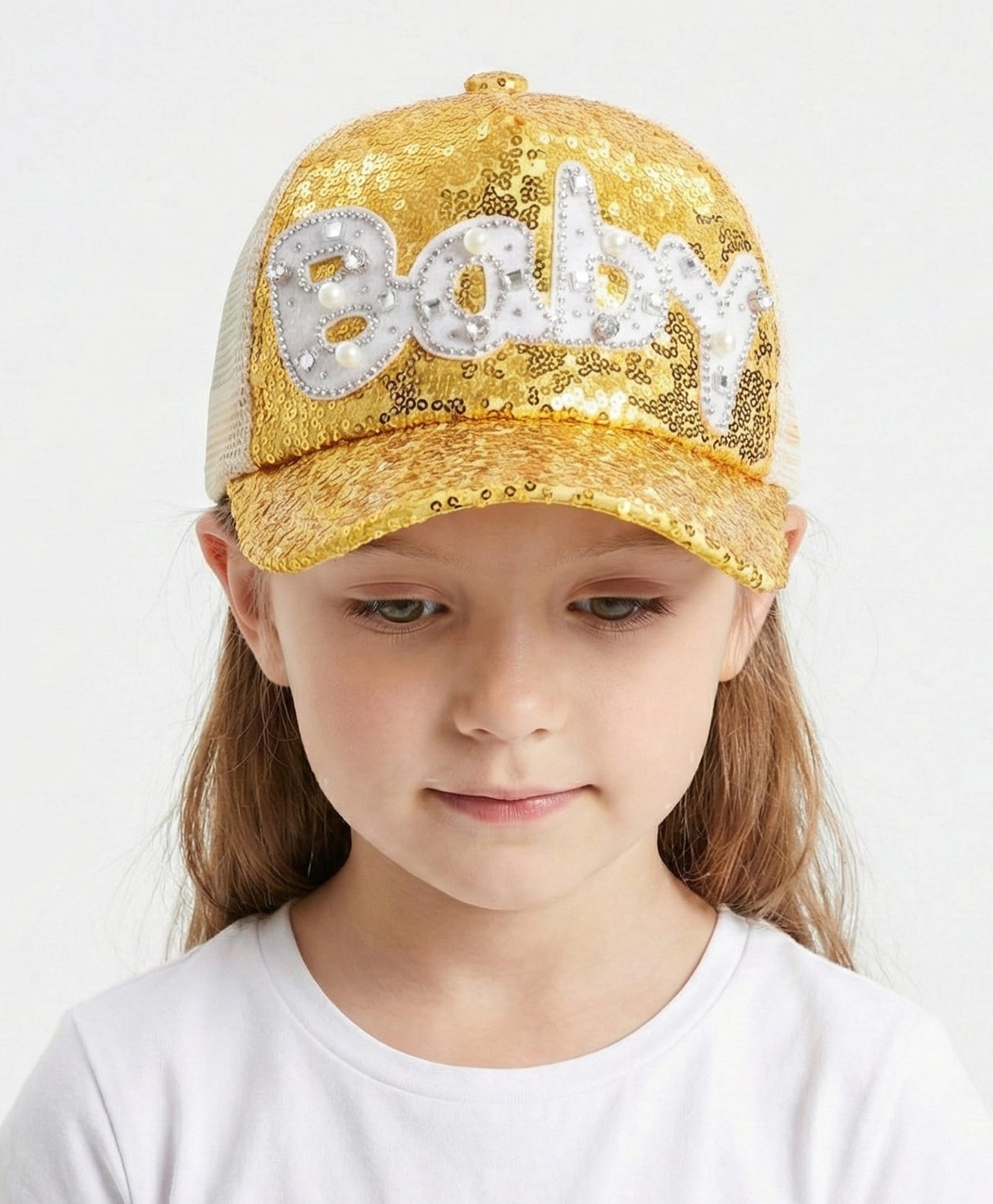 Vritraz BABY Net Knit Sequins & Stone Embellished Baby Text Applique Detailed Baseball Cap - Golden - Circumference 52 - 56 Cm-image-37