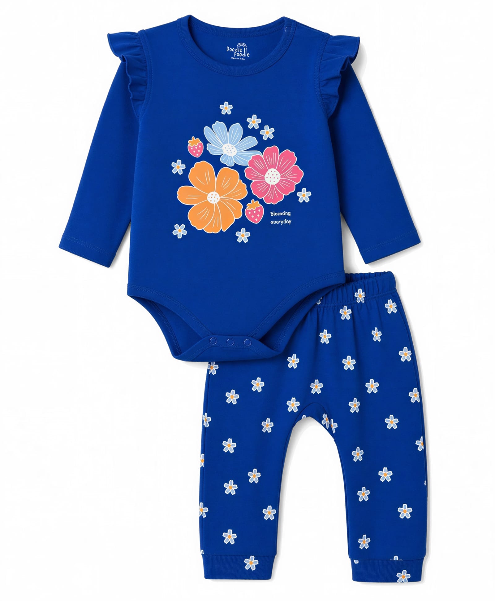 Doodle Poodle Interlock Knit 100% Cotton Full Sleeves Floral Printed Onesies With Diaper Leggings- Navy Blue-image-35