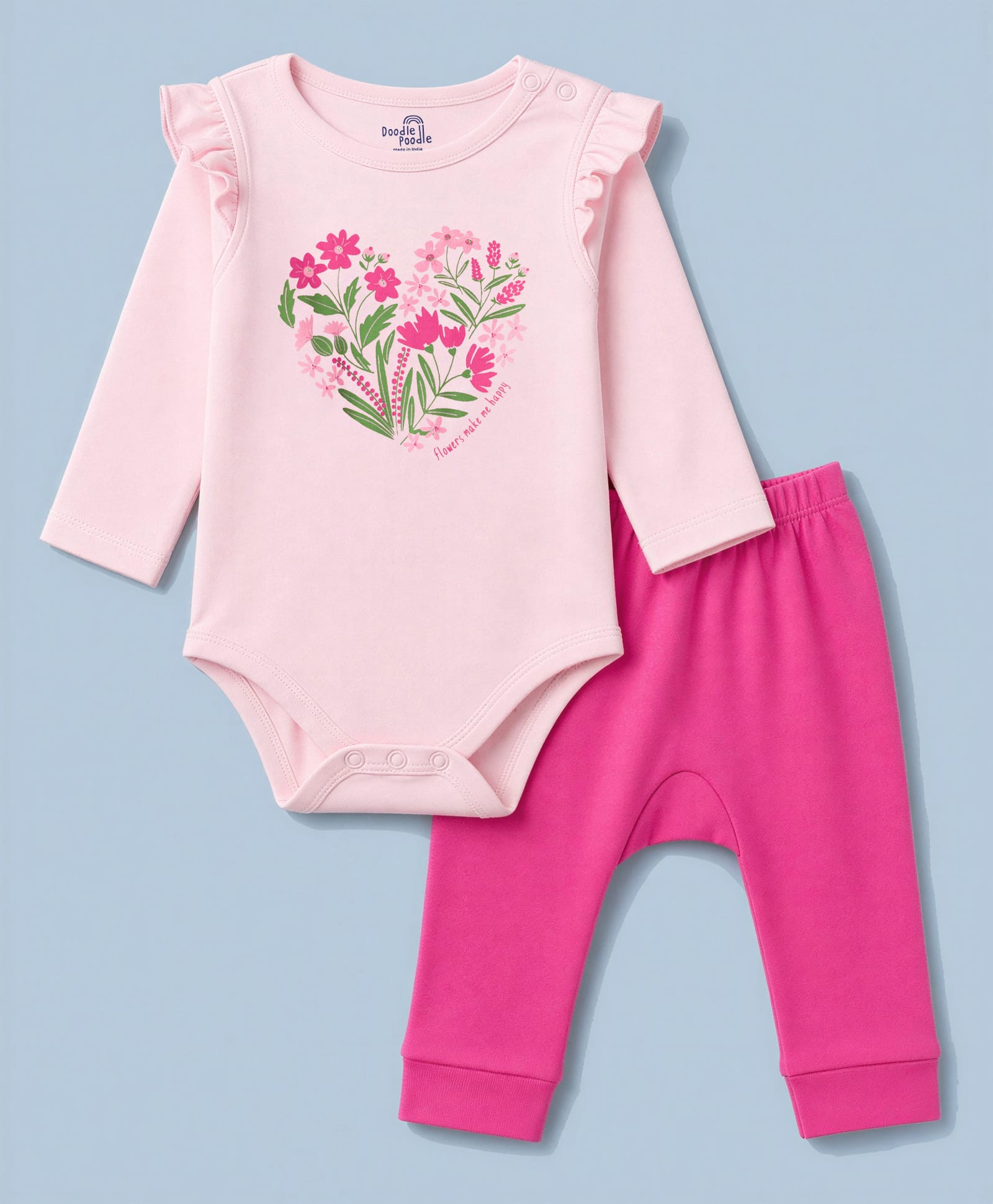 Doodle Poodle Interlock Knit 100% Cotton Printed Full Sleeves Onesies With Diaper Leggings- Dark Pink-picture-43