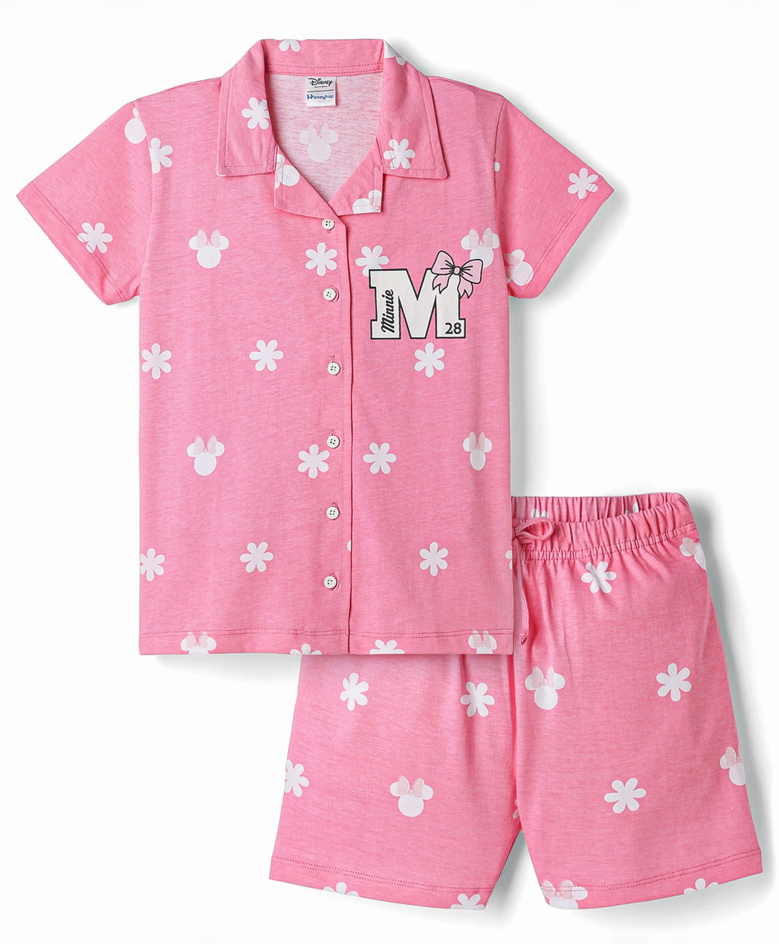 HoneyHap Disney Single Jersey Knit Half Sleeve Co-Ords Shirt & Shorts Nightsuit with Minnie Mouse with Floral Print - Pink-image-36