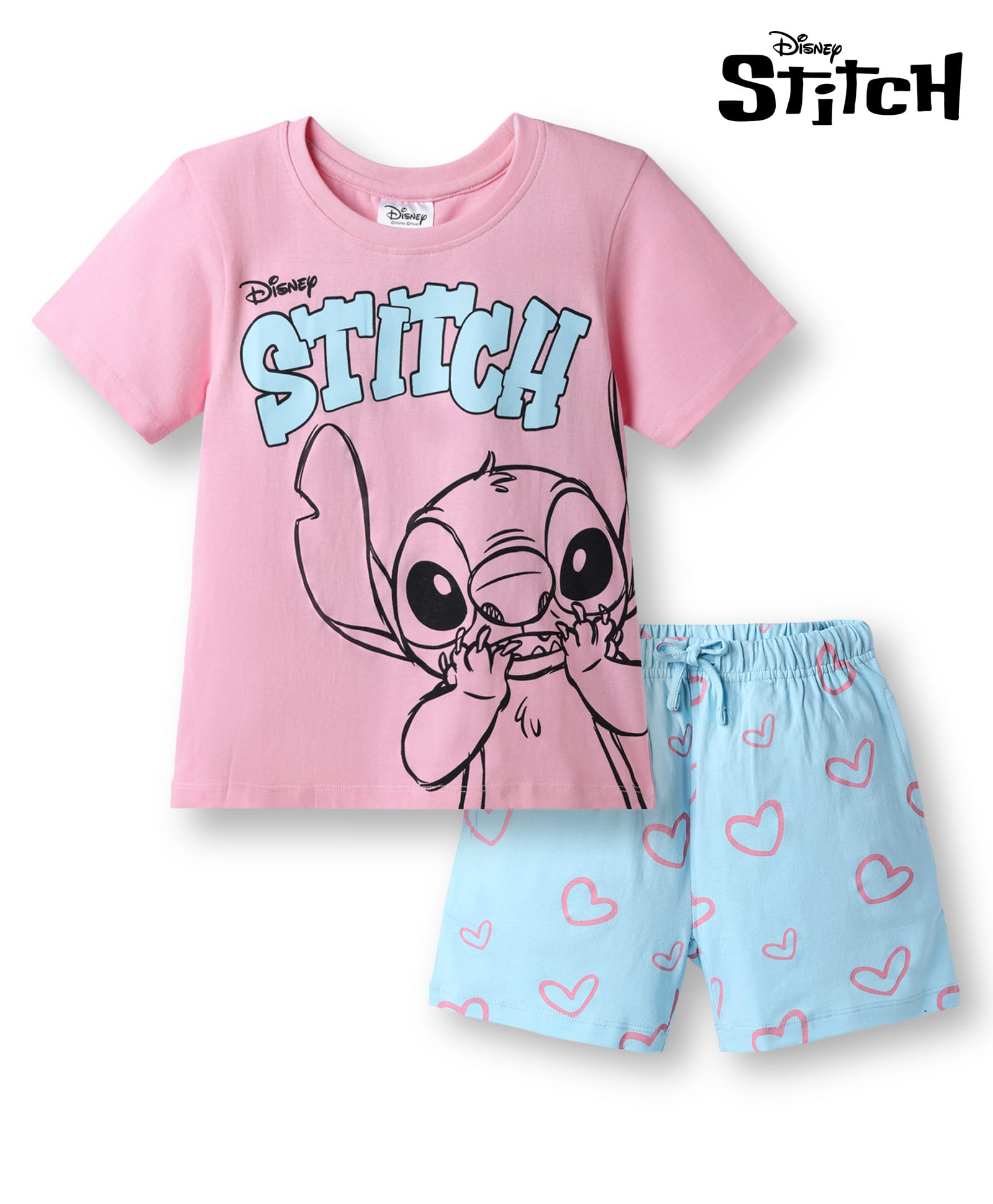 HoneyHap Disney 100% Cotton Knit Half Sleeves T-Shirt & Shorts Night Suit With Stitch Graphic - Pink & Light Blue-image-6