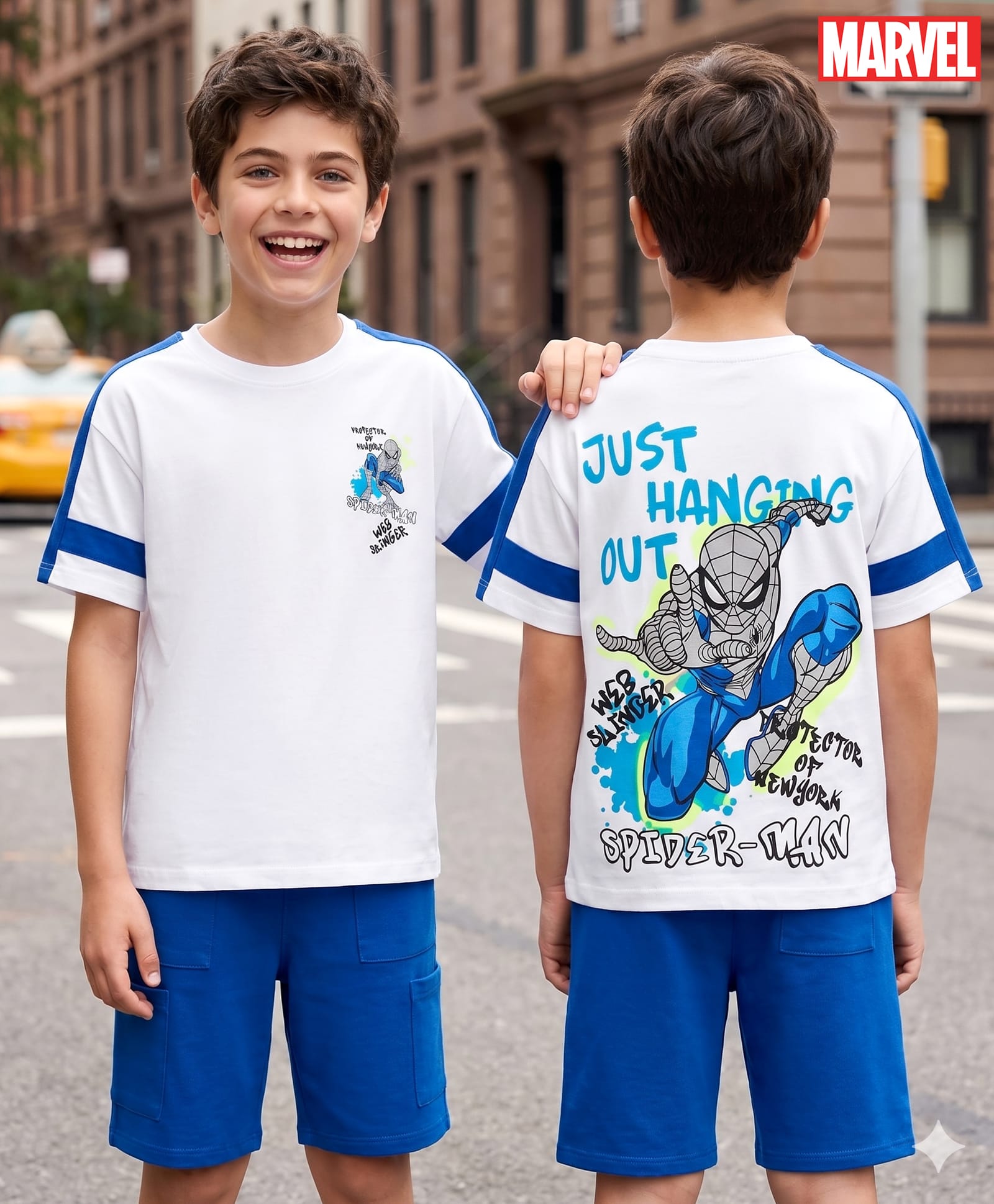 OLLINGTON ST. Marvel Single Jersey Knit Drop Shoulder Sleeves T-Shirt & Shorts Set With Front & Back Spiderman Print - White & Blue-image-27