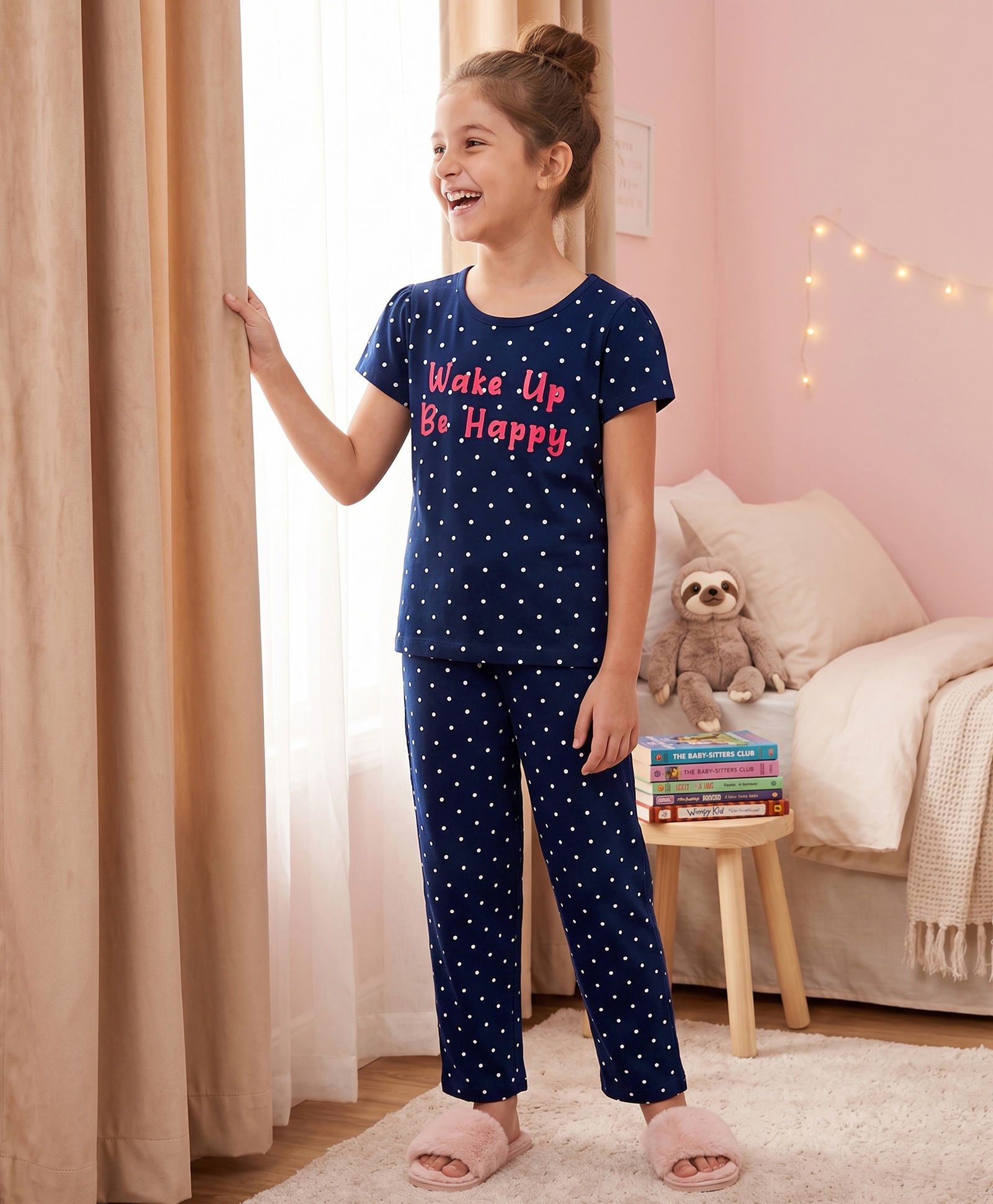 Pine Kids Cotton Knit Half Sleeves Polka Dots & Text Printed T-Shirt & Pyjama Night Suit - Navy Blue-image-43