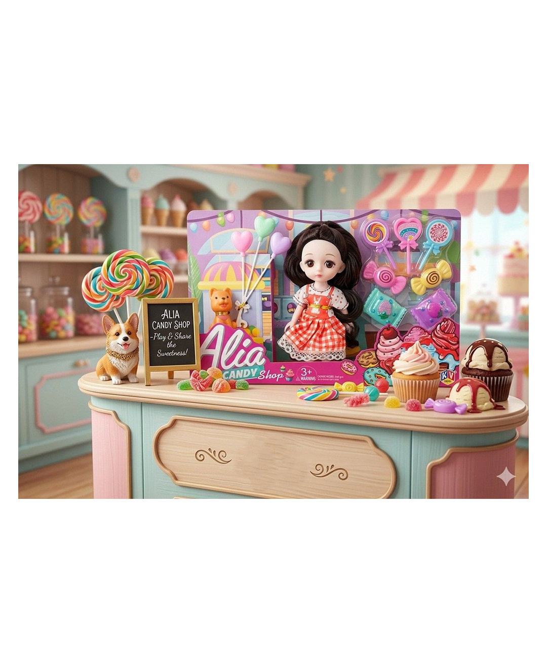 Zyamalox Height 22 cm Big Eye Candy Shop Doll Premium Doll Set with Dog Balloons Lollipops and Candies Cute Doll Toys for Girls Doll House Playset Gift - Assorted Color-image-1