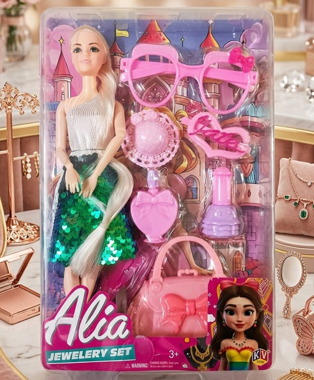 Zyamalox Height 22 cm Jewellery Set Doll Premium Doll Set with Spectacles Hat Perfume Nail Polish Handbag and Movable Joints Cute Doll Toys for Kids Girls Doll House Playset Gift - Assorted Color-image-14