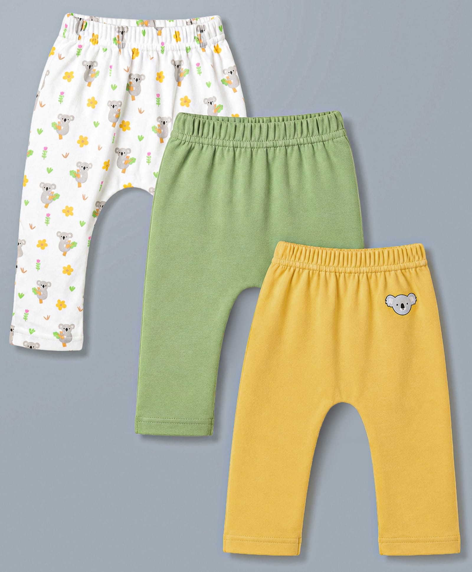 Babyhug Cotton Knit Full Length Diaper Leggings With Koala Print Pack of 3 - Multicolor-image-16