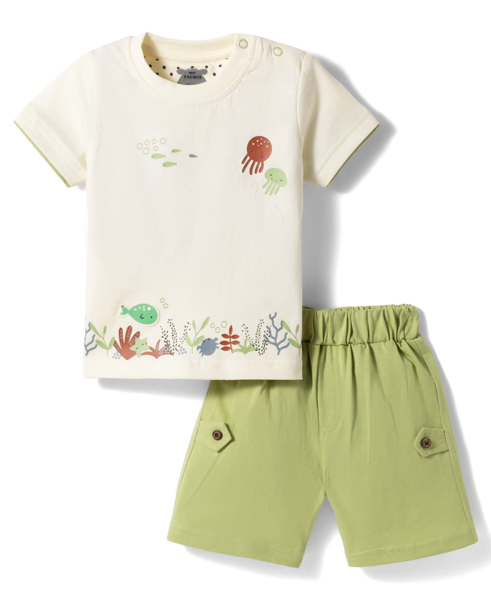 Mini Taurus Sinker Knit Half Sleeves T-Shirt & Shorts Set with Sea Animal Print - Green-picture-7
