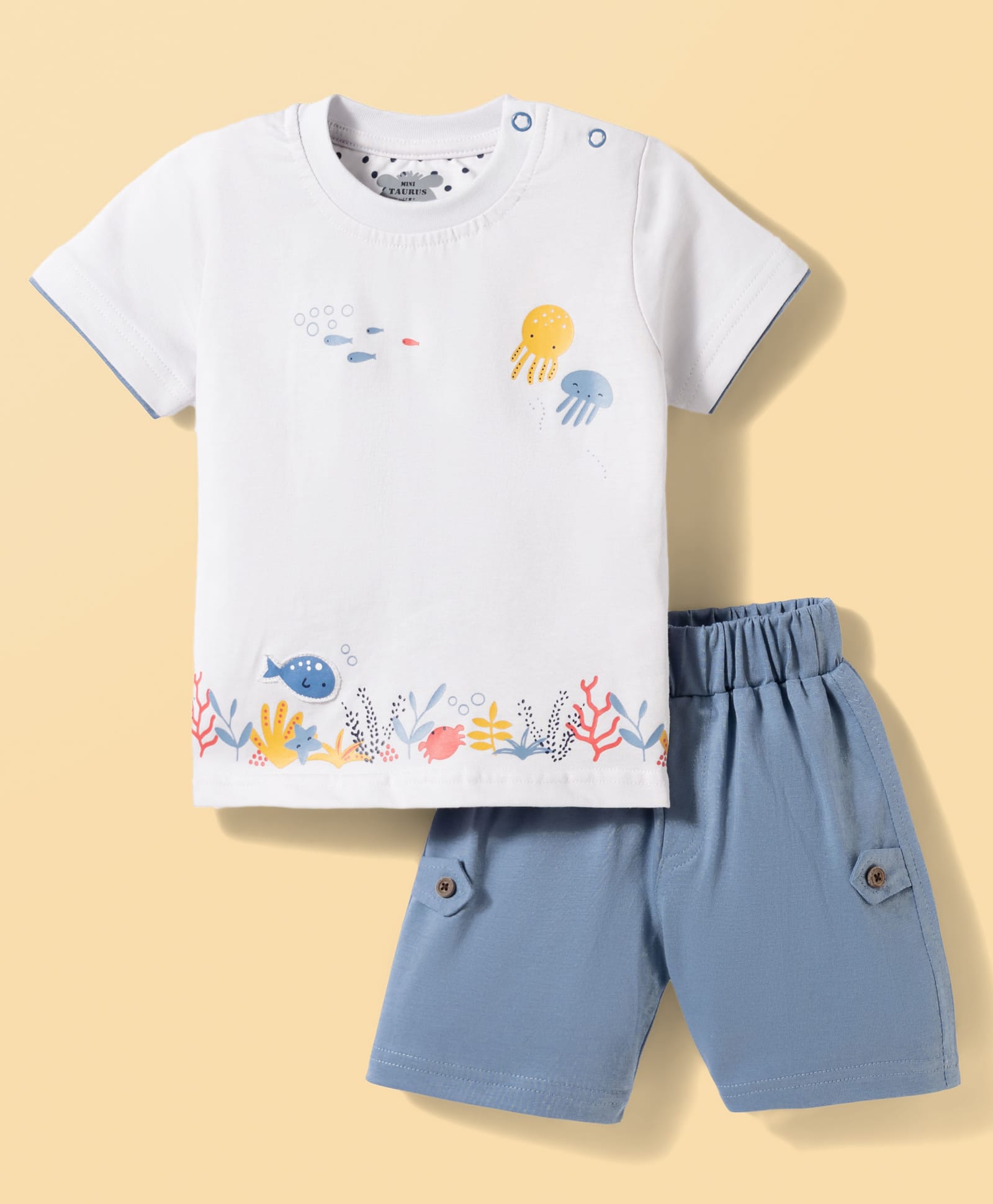 Mini Taurus Sinker Knit Half Sleeves T-Shirt & Shorts Set with Sea Animals Print - Blue-image-30