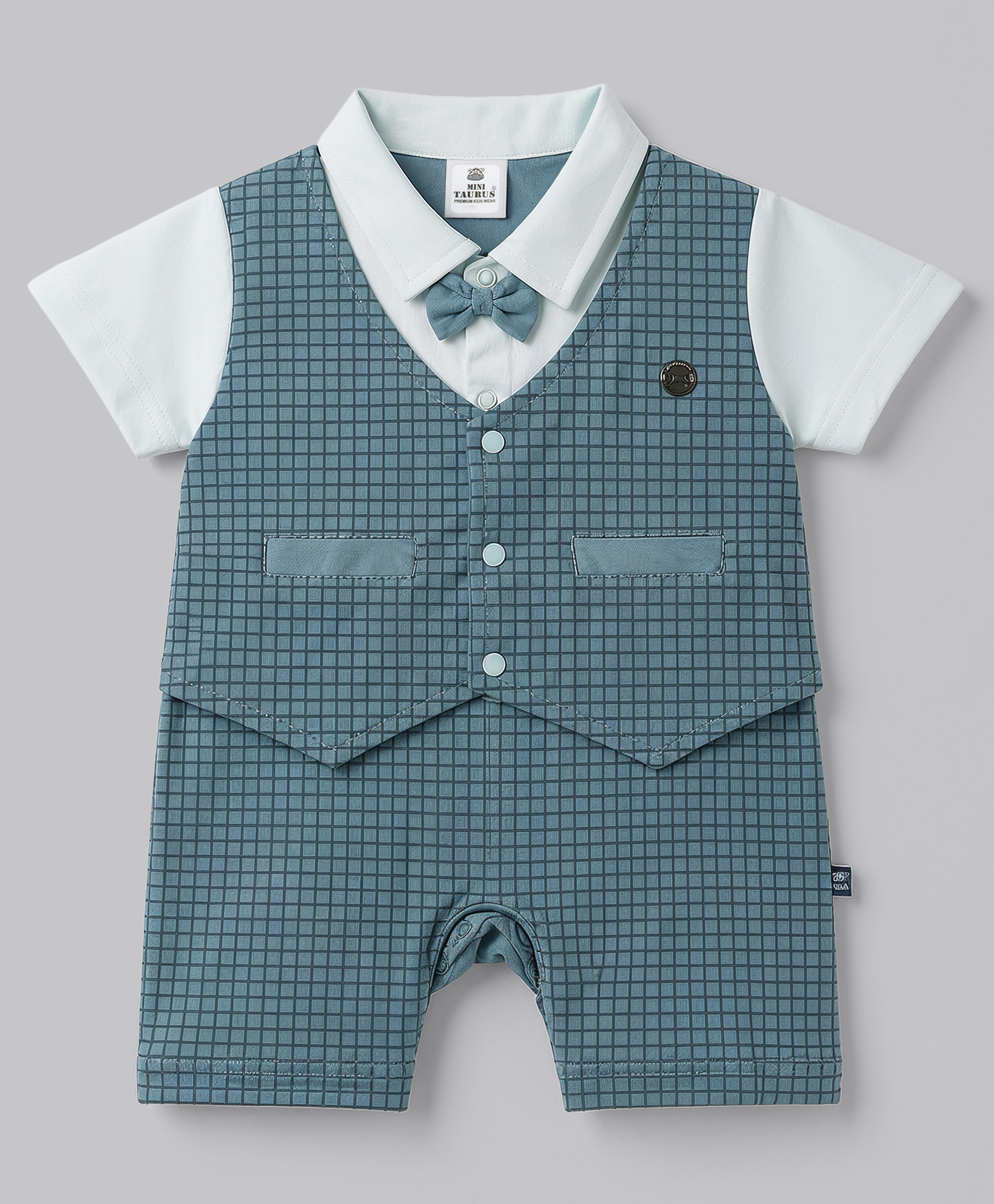 Mini Taurus Interlock Knit Half Sleeves Checks Printed Party Romper With Bow - Teal Blue-picture-23