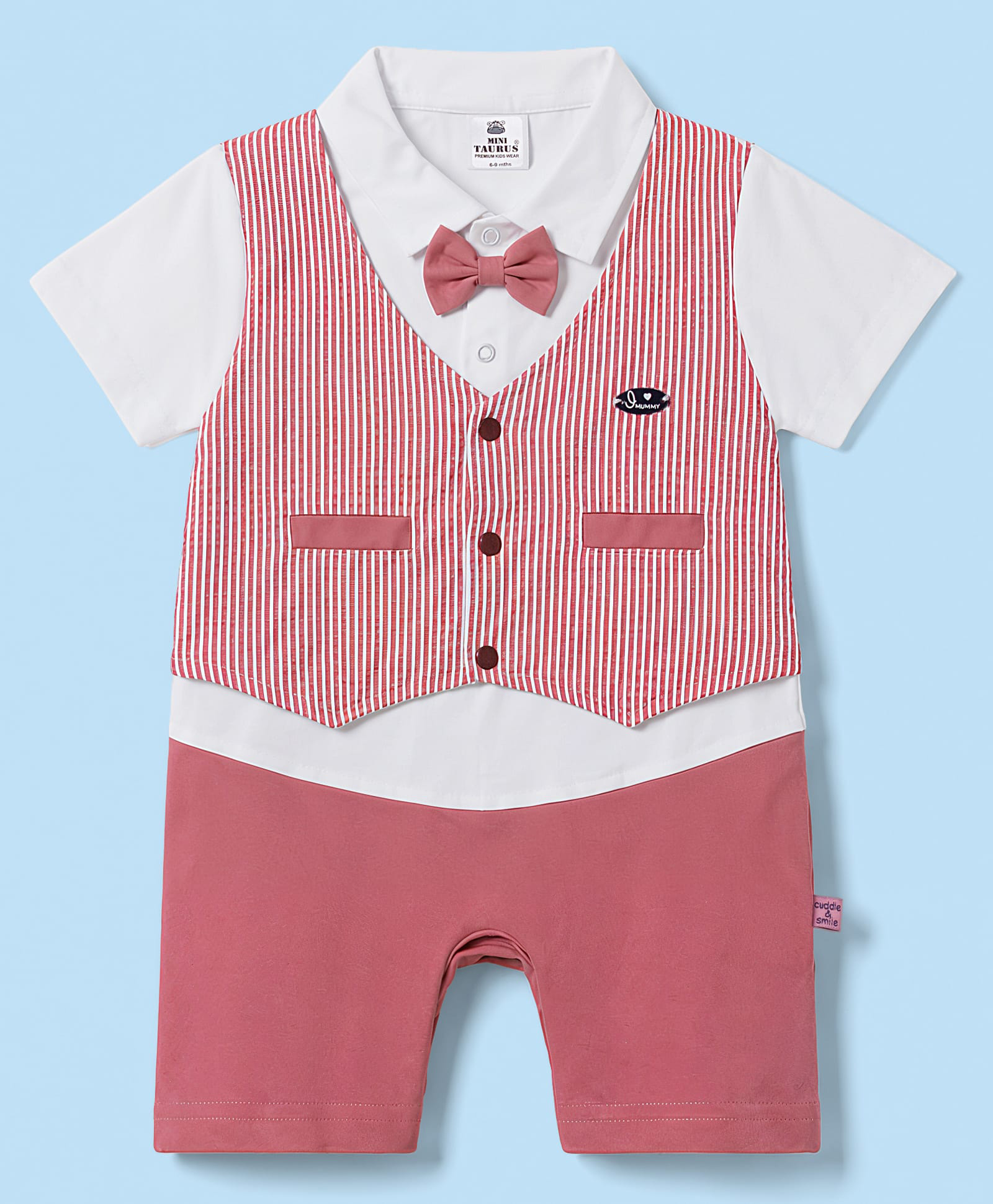 Mini Taurus Half Sleeves Striped Party Romper With Bow - Red-picture-37