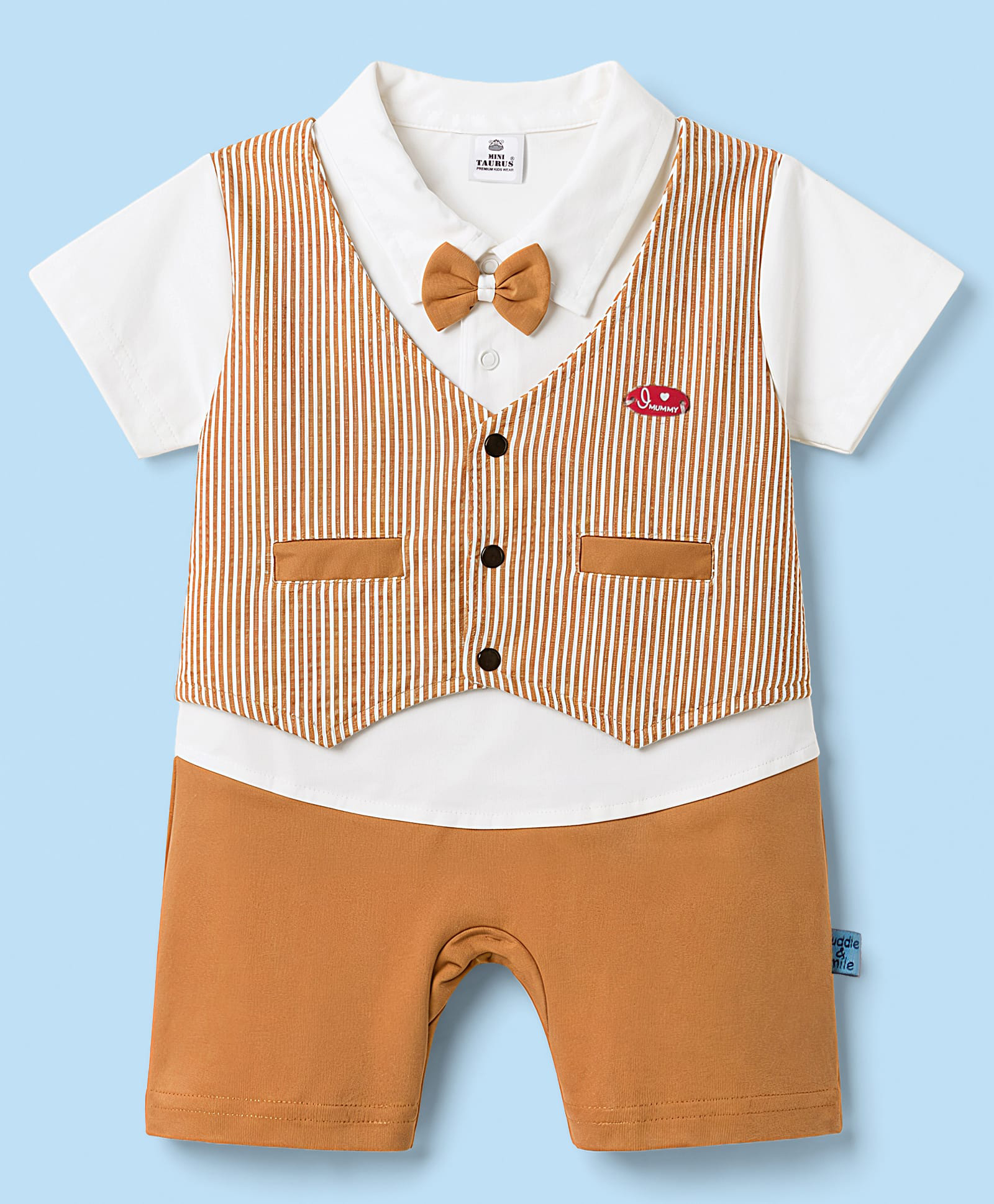 Mini Taurus Half Sleeves Striped Party Romper With Bow - Mustard-image-14