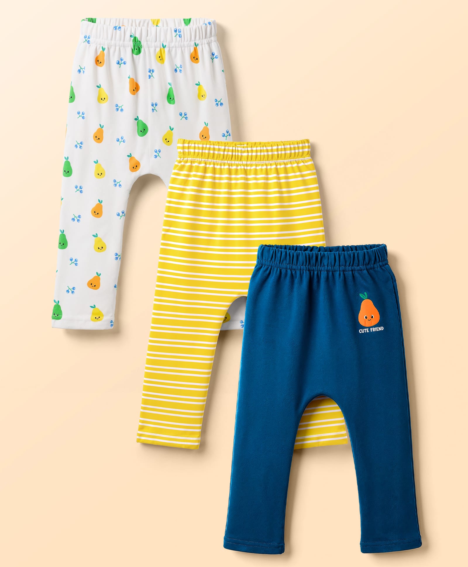 Babyhug Cotton Interlock Knit Full Length Diaper Leggings with Stripes & Fruits Print Pack of 3 - Blue-picture-20