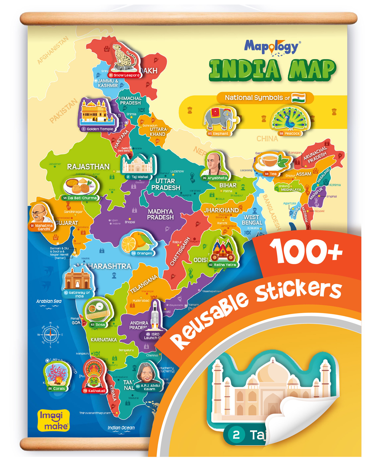 imagimake mapology india map wall chart interactive learning with 103 reusable stickers - multicolor