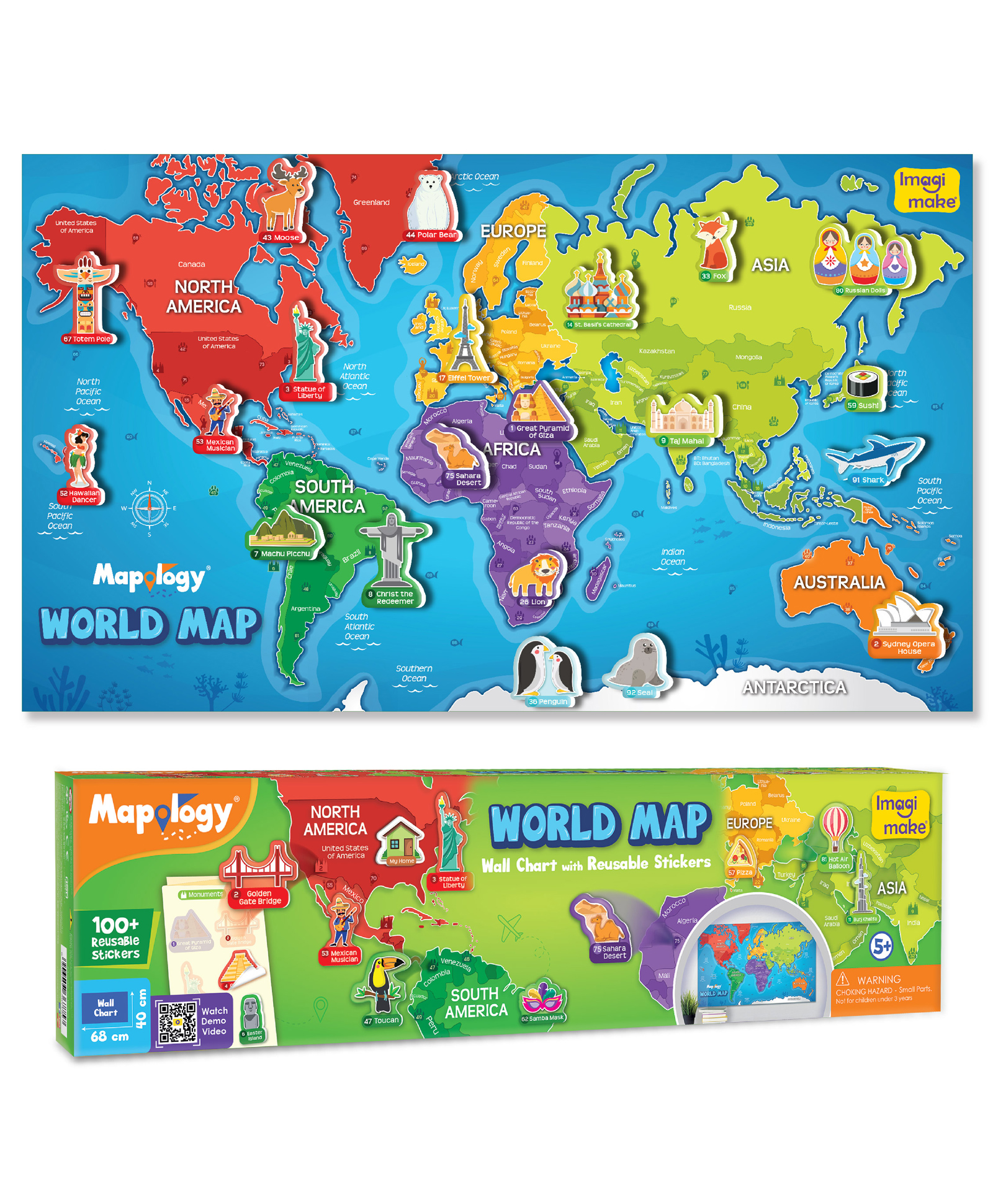 Imagimake Mapology World Map Wall Chart Interactive Learning with 102 Reusable Sticker - Mulicolor-image-19
