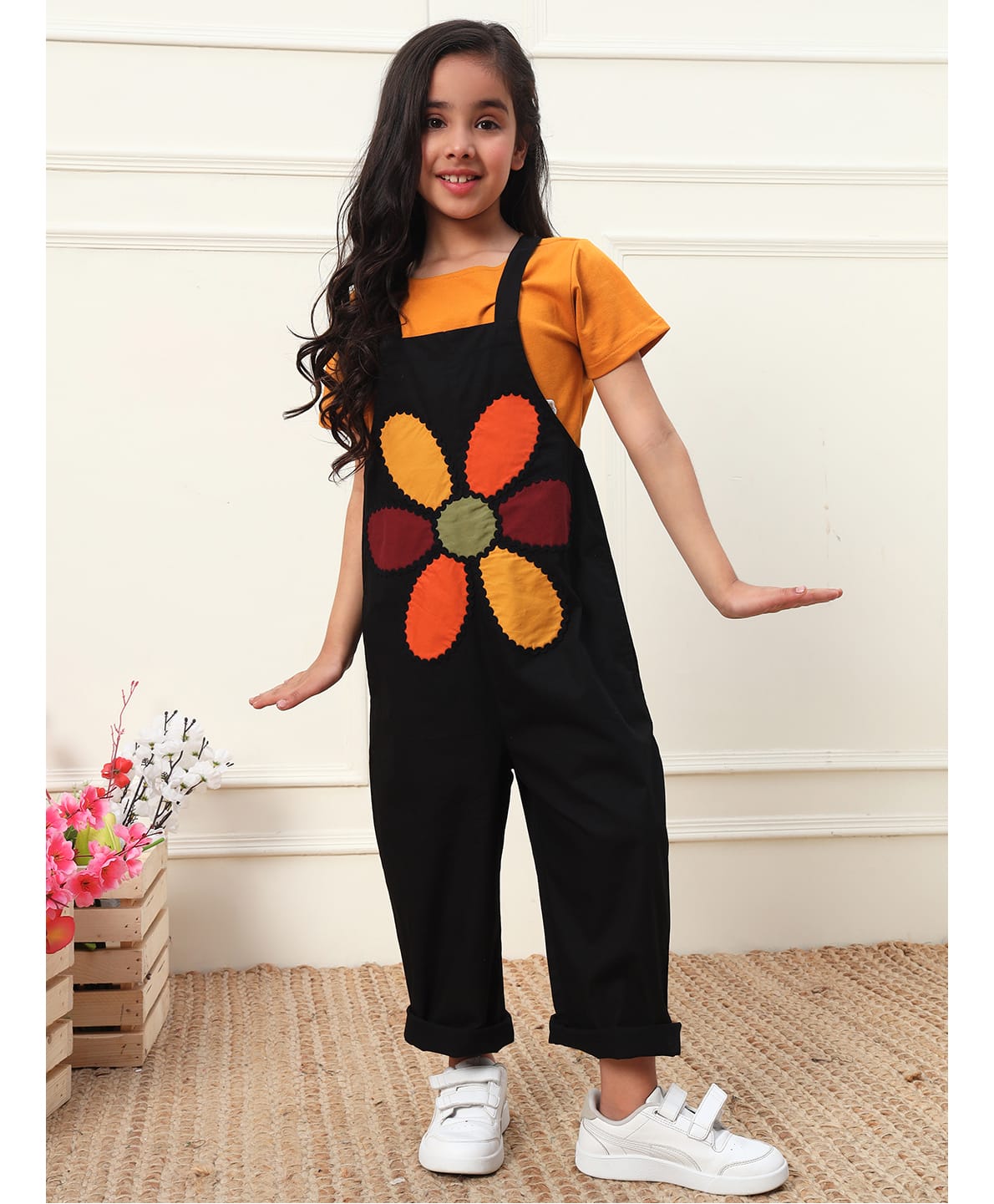 Bugandbees Poplin Woven Sleeveless Floral Patch Detailed Dungaree - Black-image-2