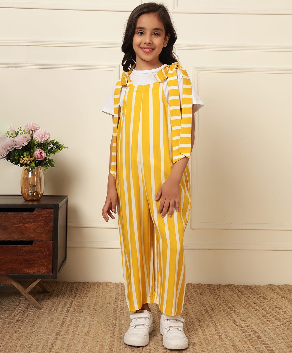 Bugandbees Rayon Woven Sleeveless Striped Dungaree - Yellow-picture-16