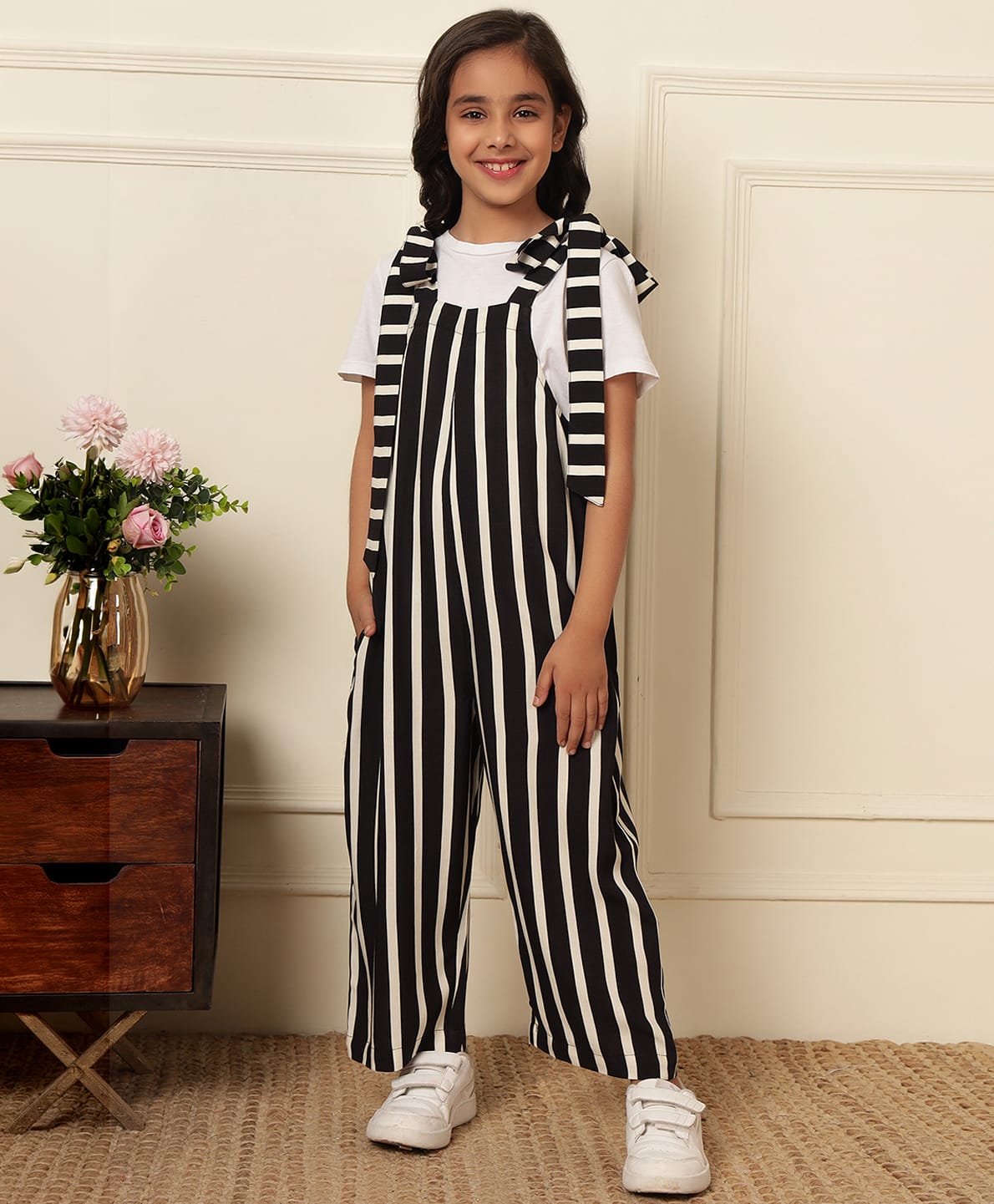 Bugandbees Rayon Woven Sleeveless Striped Dungaree - Black-picture-18