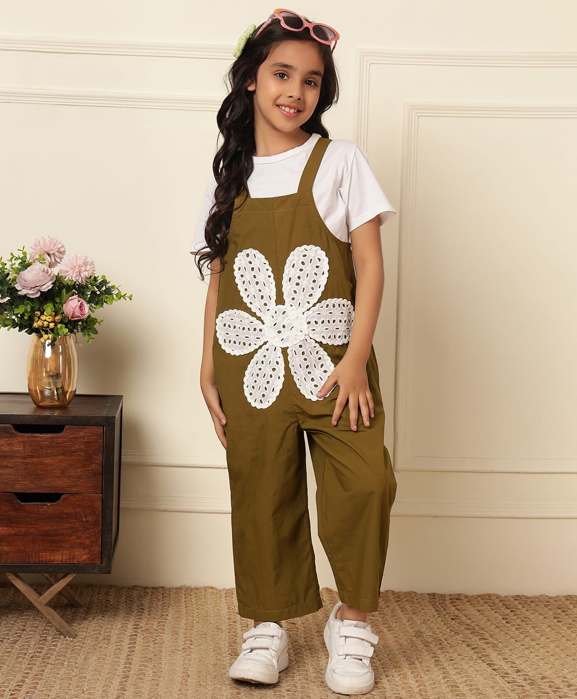 Bugandbees Cotton Woven Sleeveless Floral Patch Detailed Dungaree - Olive Green-image-30
