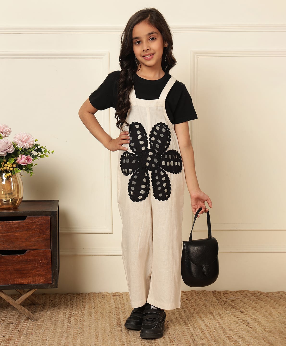 Bugandbees Cotton Flax Woven Sleeveless Floral Patch Embroidered Dungaree - Off White-picture-13