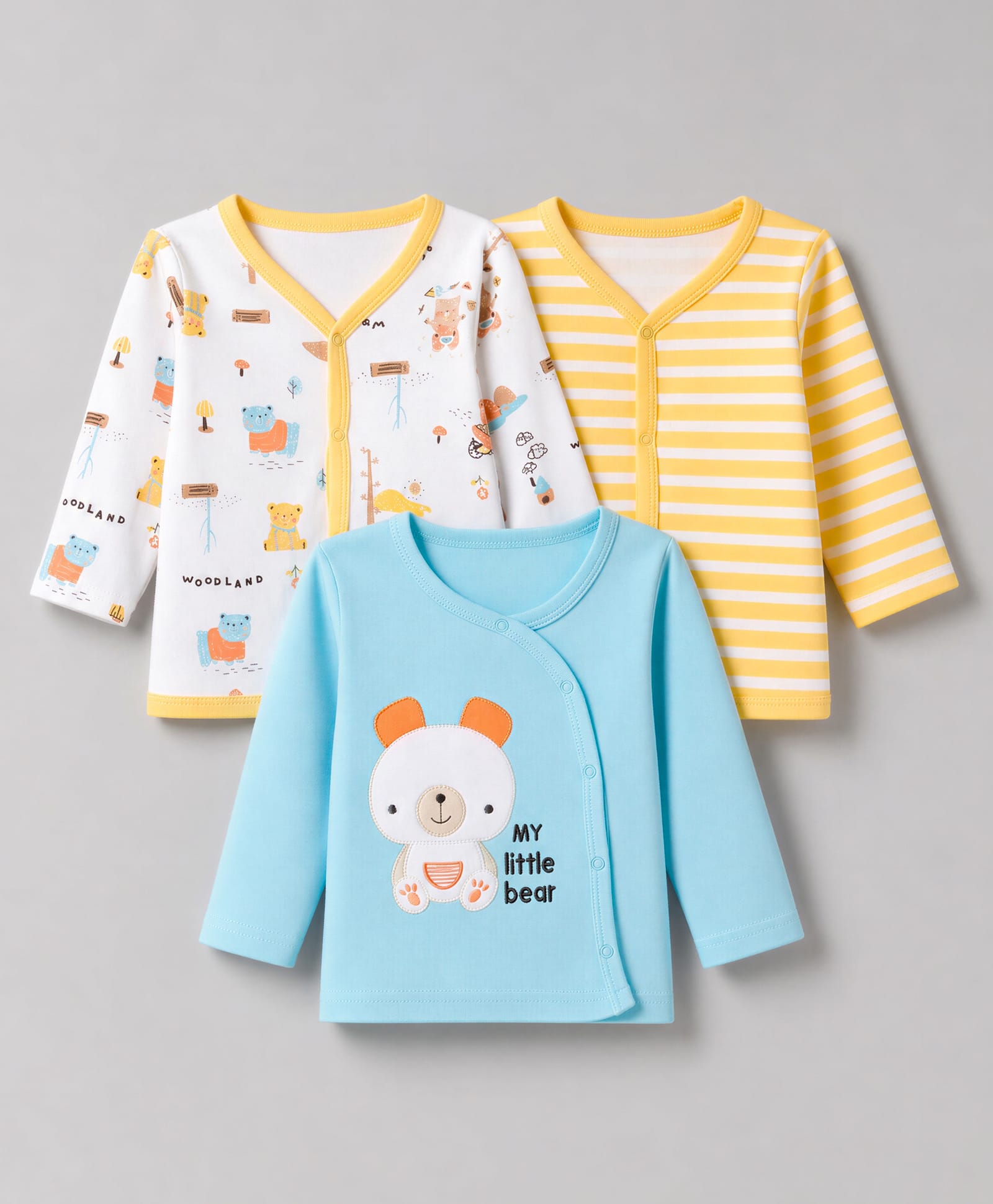 Babyhug 100% Cotton Interlock Knit Front Open Full Sleeves Striped Jhablas With Teddy Bear Print & Applique Pack of 3 - Yellow, White & Light Blue-picture-27