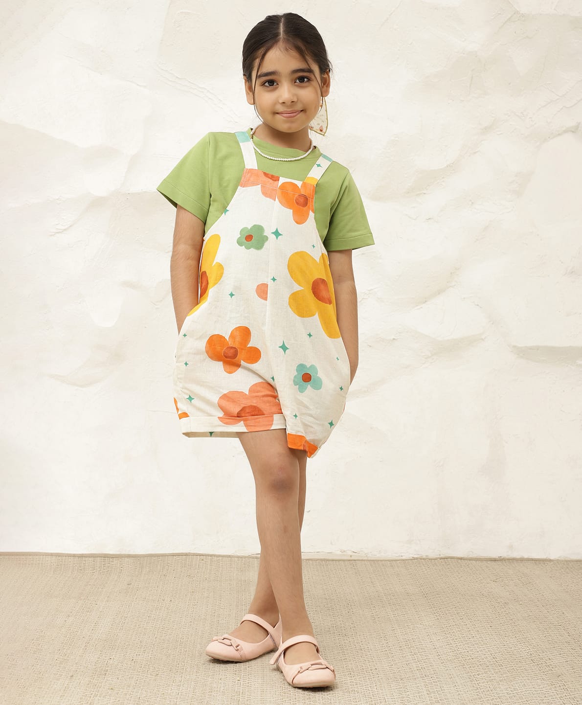 Bugandbees Cotton Flax Woven Sleeveless Floral Printed Dungaree - Multi Colour-picture-21