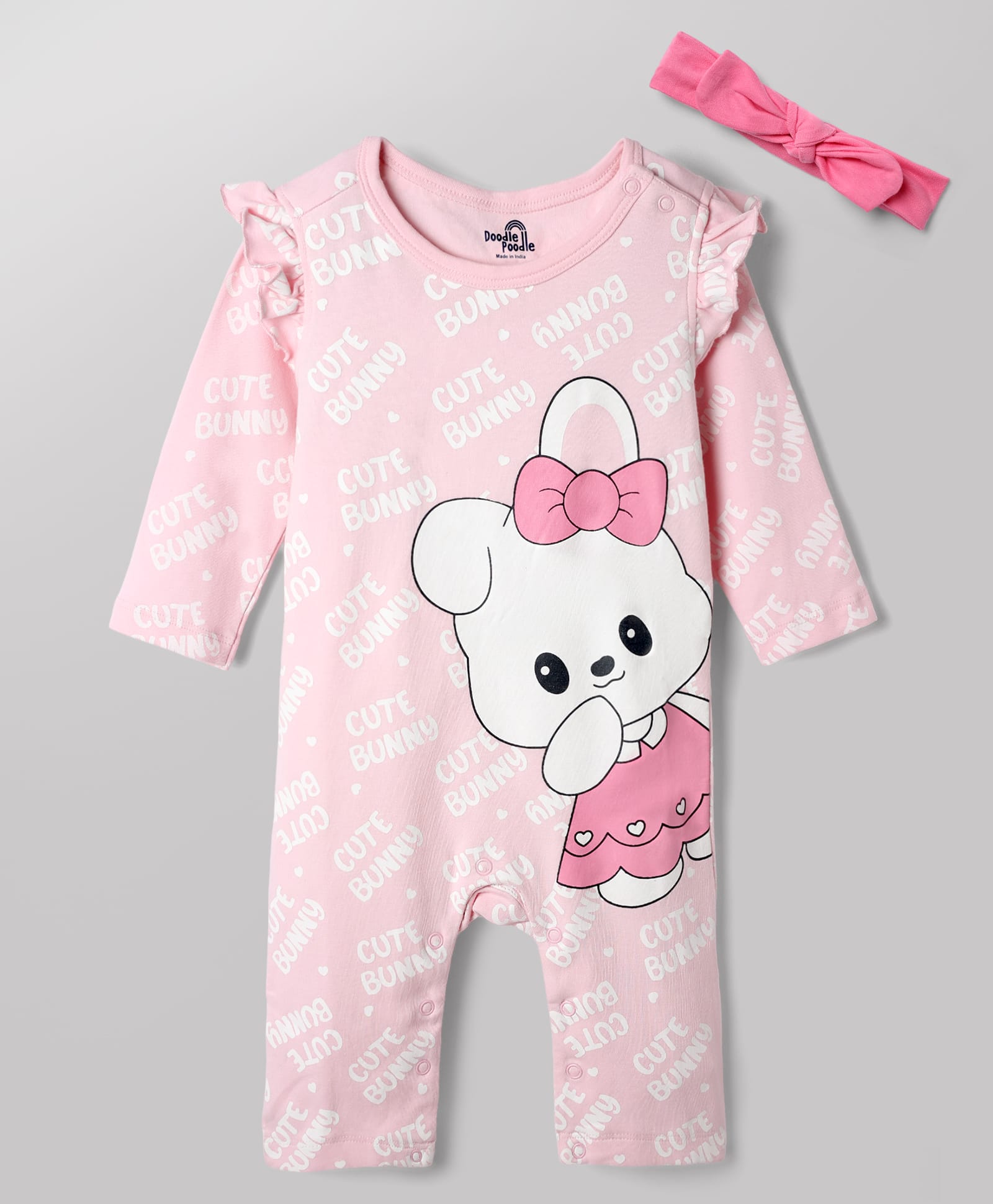 Doodle Poodle 100% Cotton Interlock Knit Full Sleeves Text & Bunny Printed Romper With Hairband - Pink-picture-32
