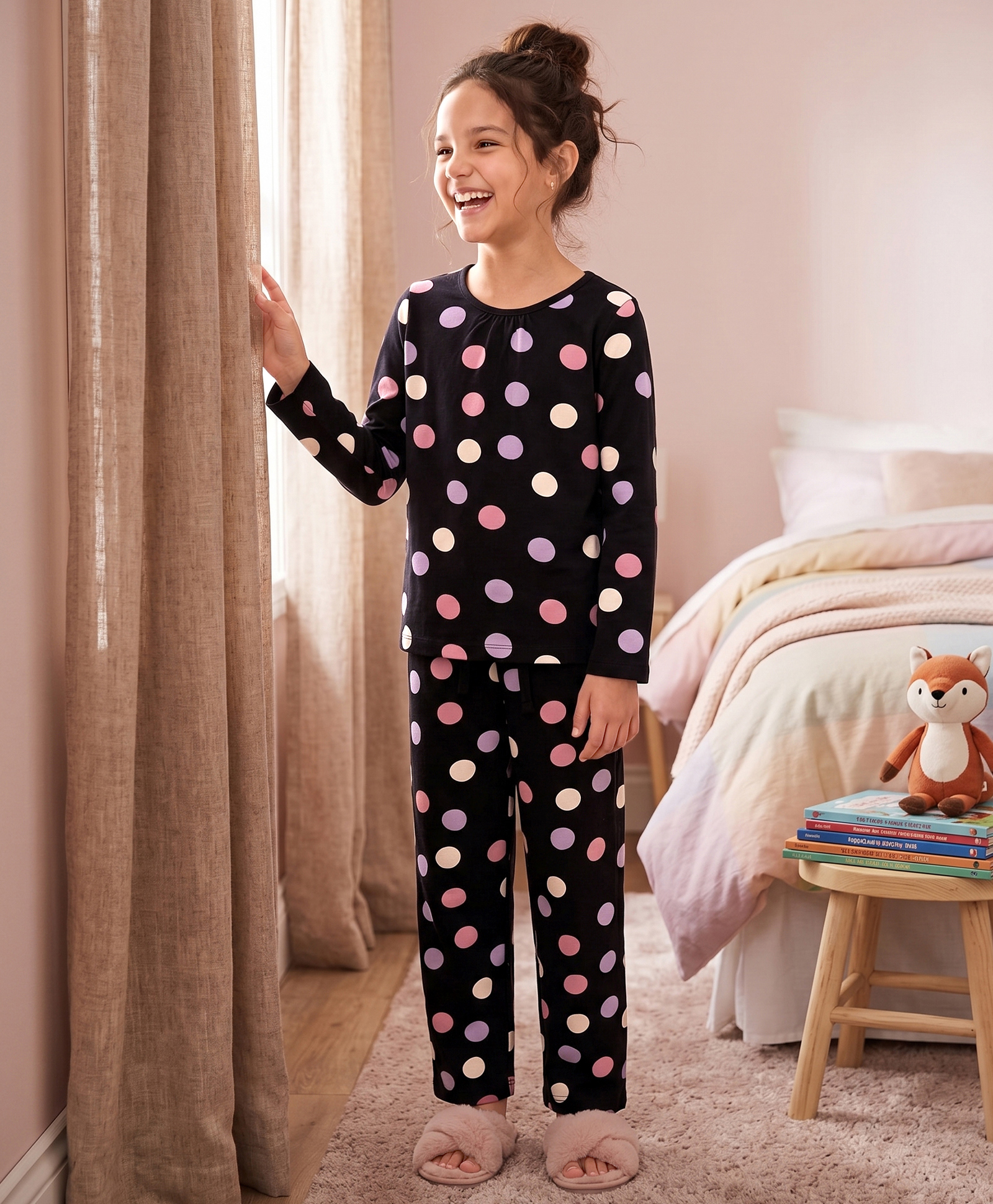 Pine Kids Cotton Knit Full Sleeves Polka Dots Printed Co-Ords T-Shirt & Pyjama Night Suit - Black-image-4
