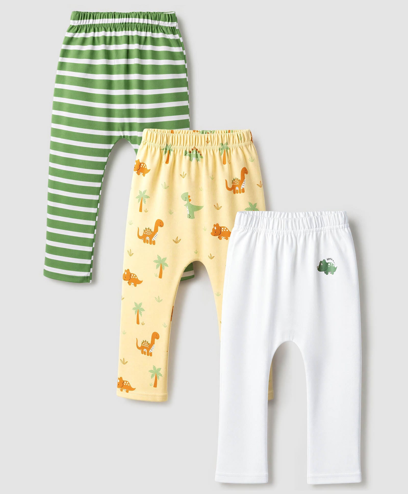 Babyhug Cotton Knit Full Length Striped & Dino Printed Diaper Leggings Pack Of 3 - Green Yellow & White-picture-14