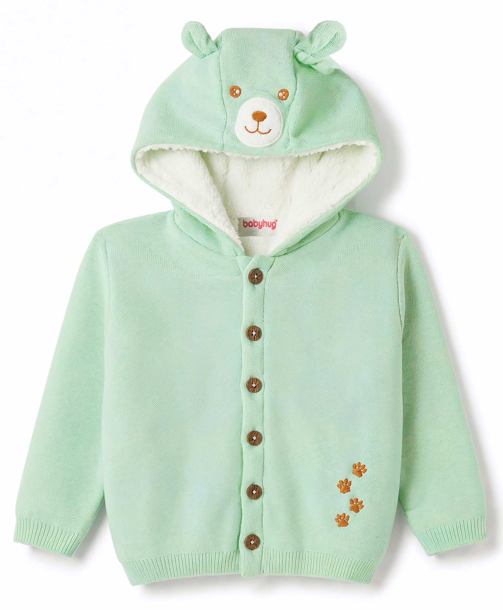 Babyhug Knit Full Sleeves Bear & Paw Embroidered Hooded Sweater - Mint-image-19