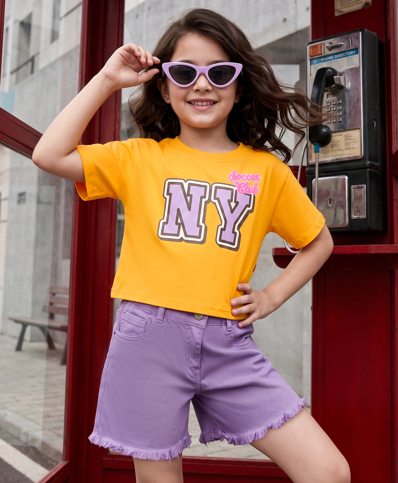 OLLINGTON ST. Sinker Knit Half Sleeves Top & Shorts Set With Text Print - Yellow & Lavender-image-33