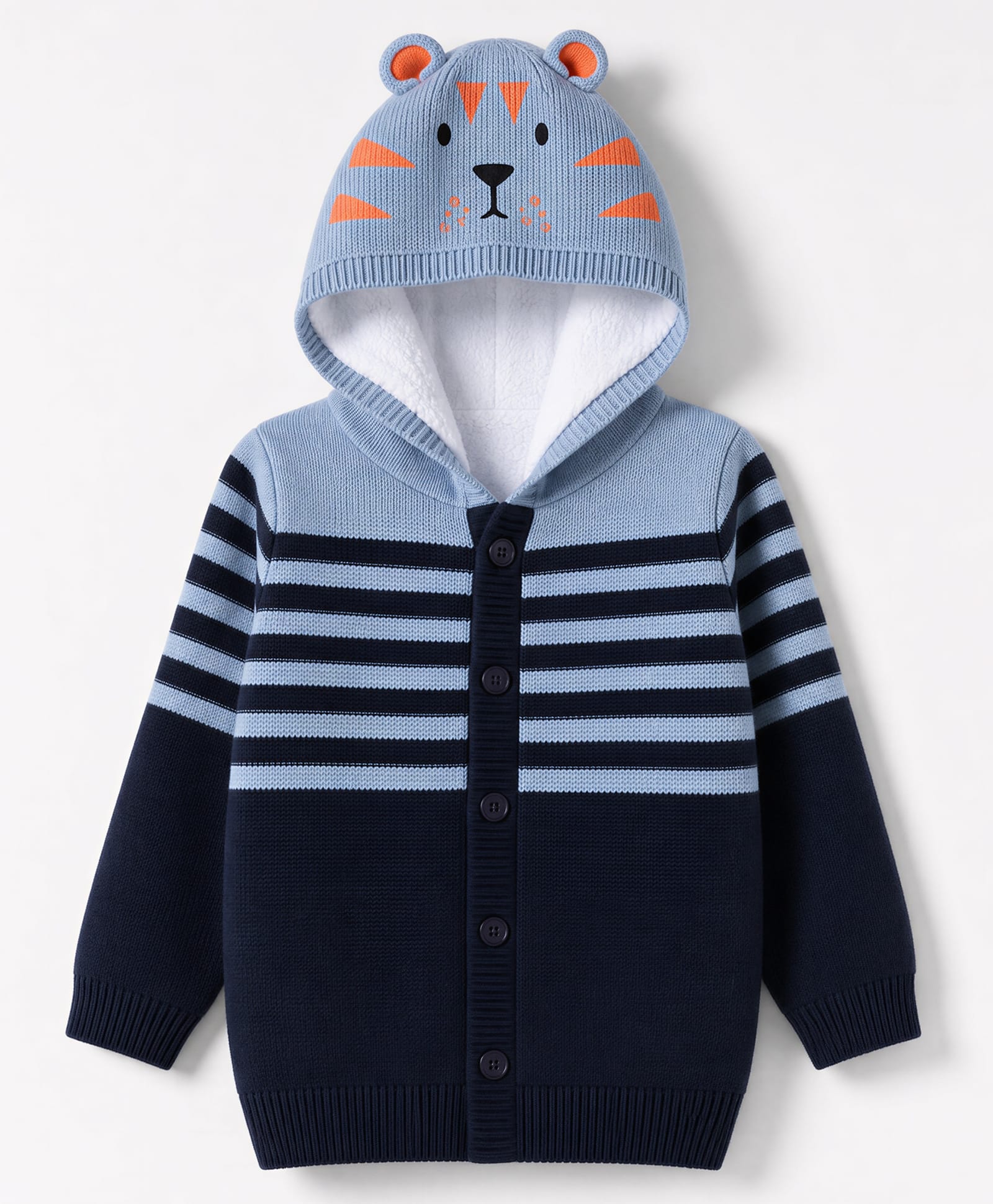 Babyhug Knit Hooded Sweater with Stripes & Tiger Design with Ear Applique - Blue-picture-16