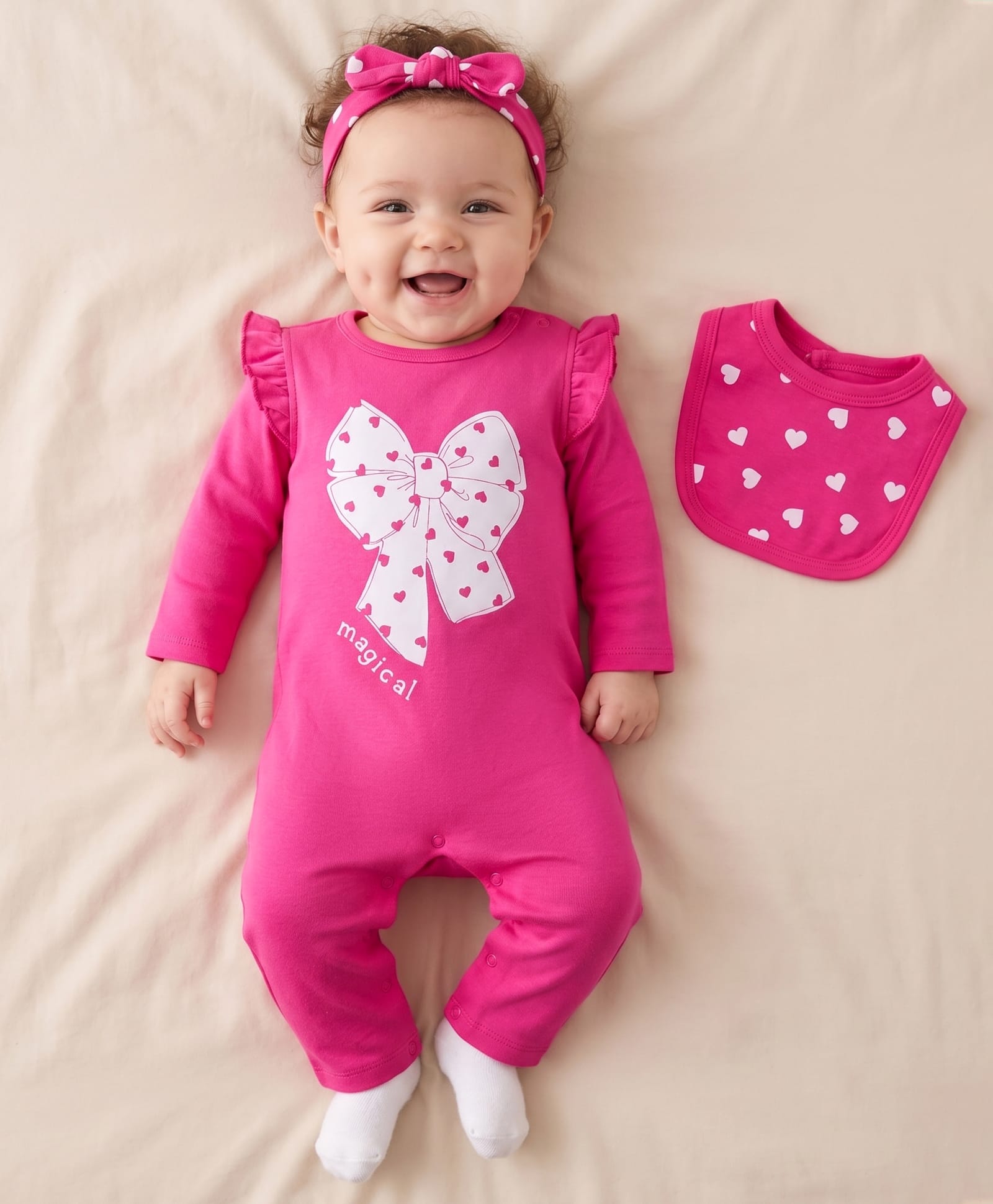 Doodle Poodle Interlock Knit 100% Cotton Full Sleeves Bow Printed Romper With Hairband & Bib Pack of 3 - Pink-picture-47