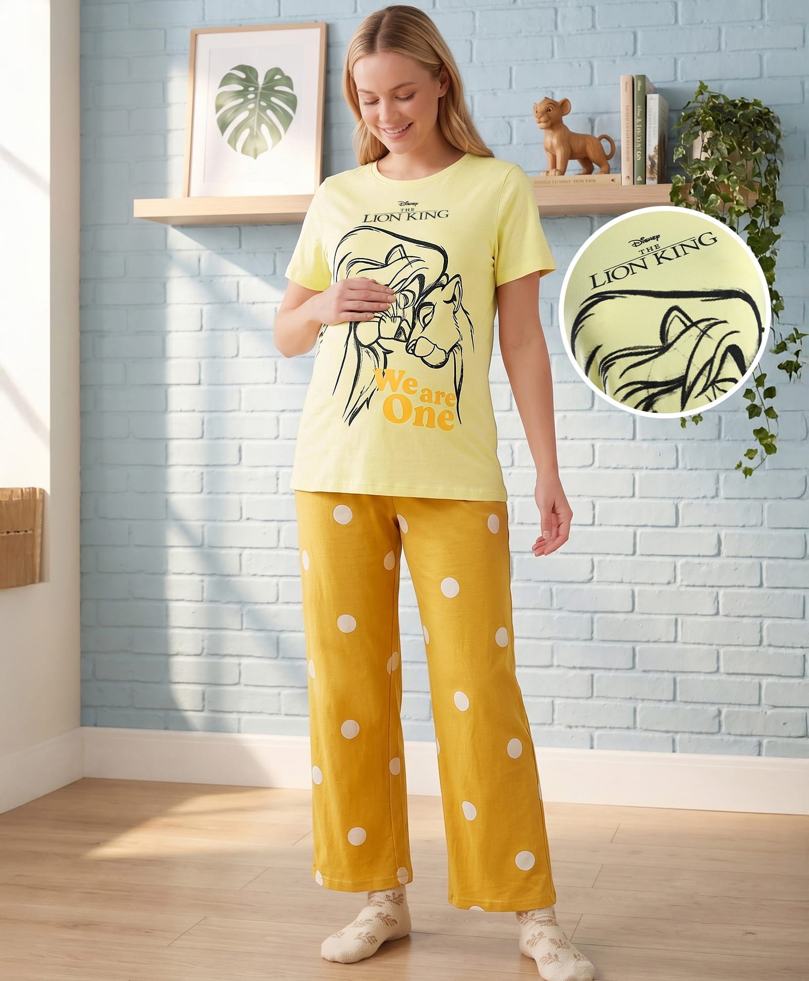 Bella Mama Disney 100% Cotton Knit Half Sleeves Night Suit With Lion King Graphic & Polka Dots Print - Yellow-picture-12