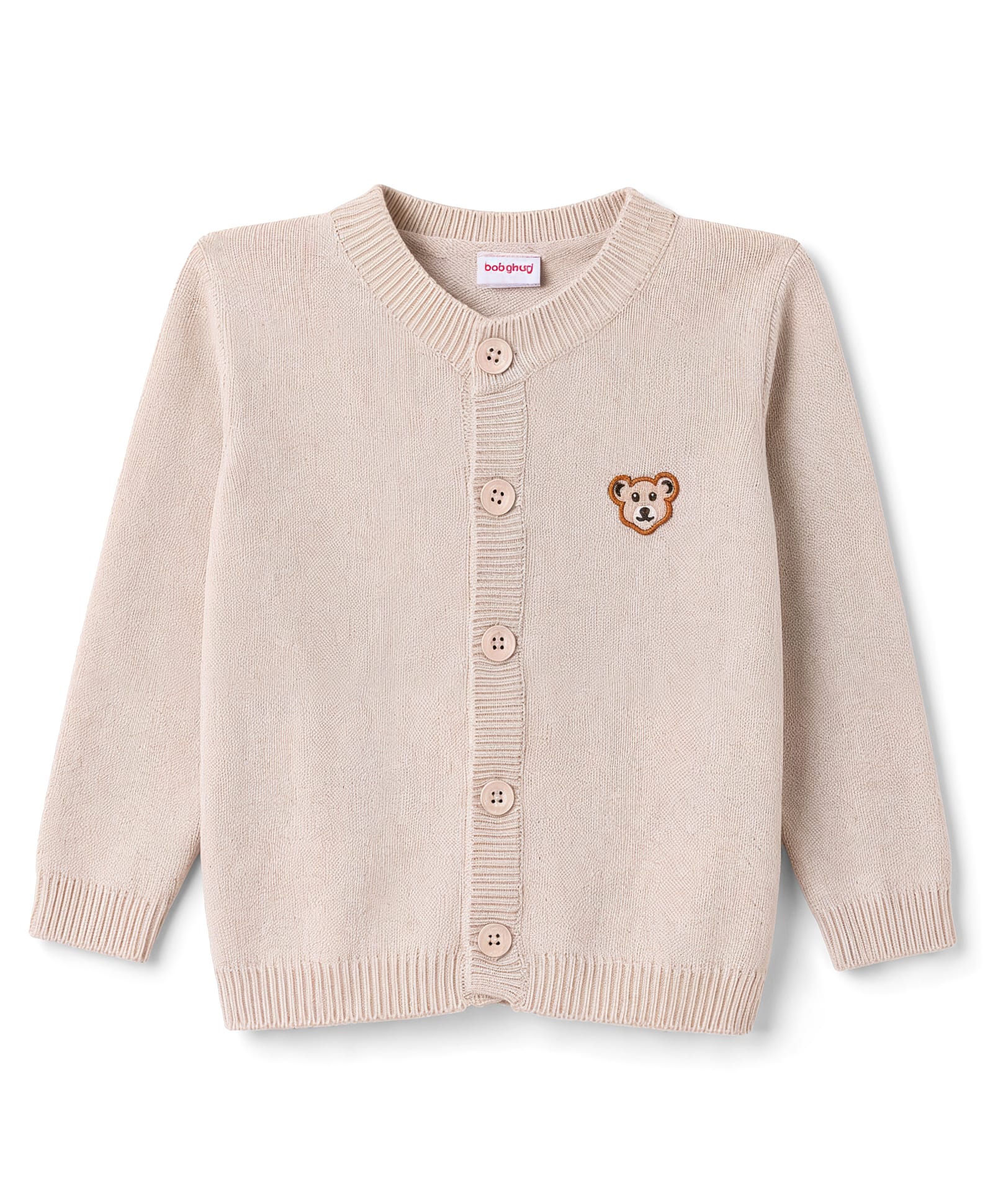 Babyhug Knit Full Sleeves Front Open Sweater with Cub Face Embroidered - Tan-picture-18
