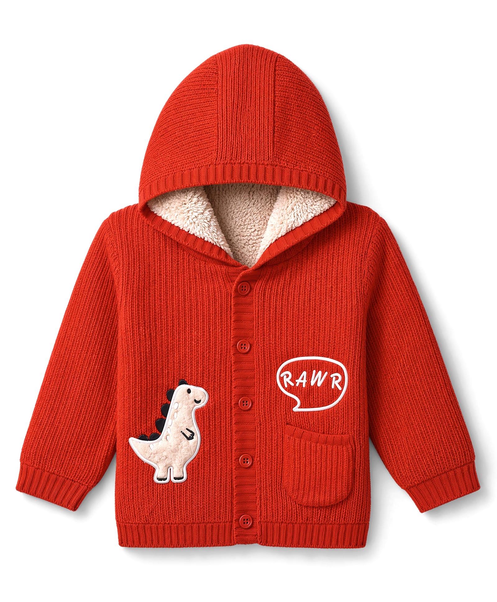 Babyhug Knit Full Sleeves Hooded Sweater with Dinosaur Patch - Red-picture-14