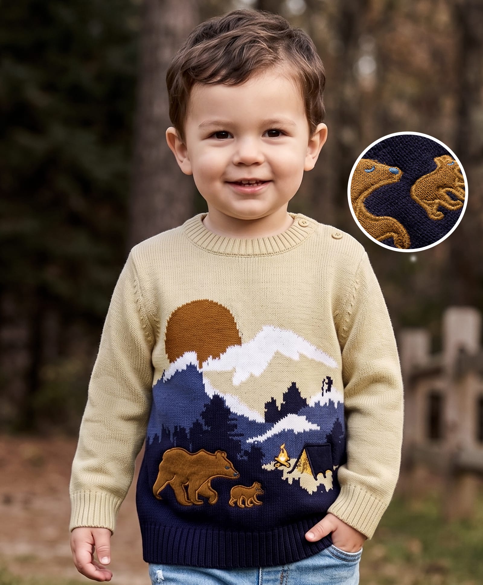 Babyhug Knit Full Sleeves Bear Embroidered Pullover Sweater - Beige-picture-16