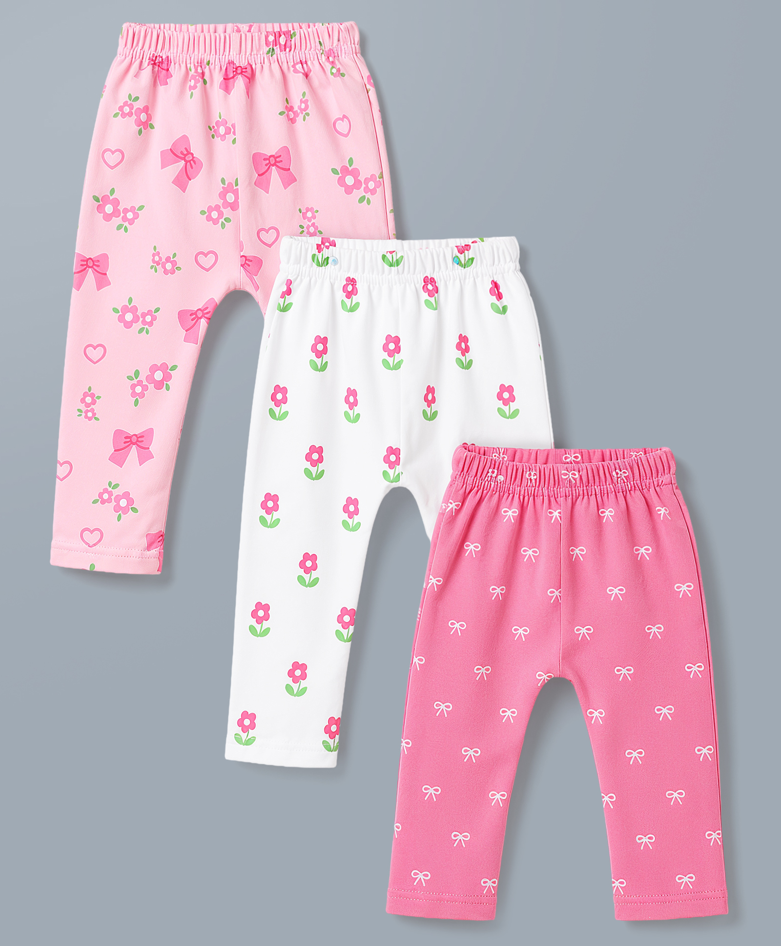 Babyhug Cotton Knit Full Length Diaper Leggings WIth Floral & Bow Print Pack of 3 - Multicolor-picture-27