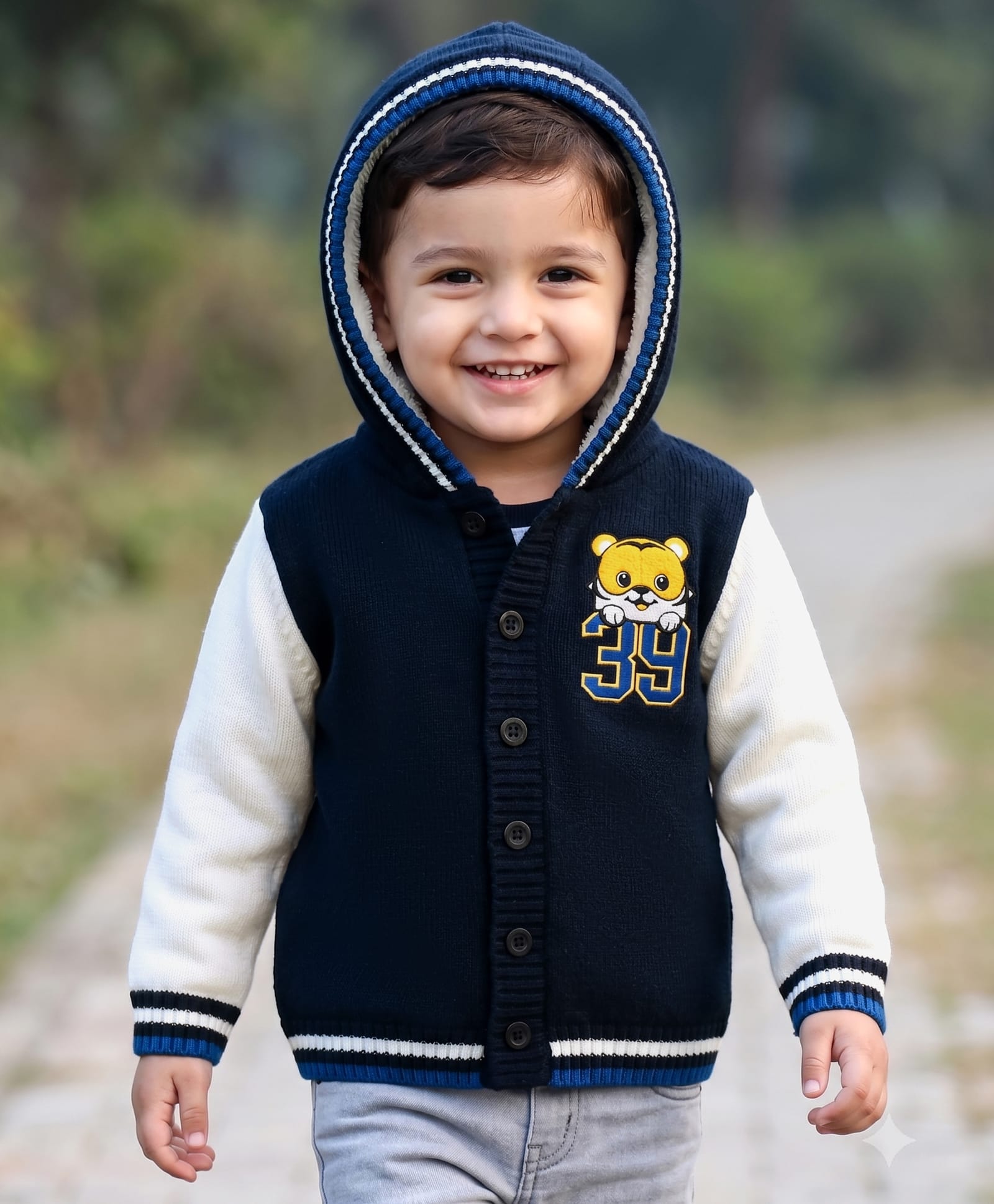 Babyhug Knit Full Sleeves Tiger Embroidered Hooded Sweater - Navy Blue-picture-13