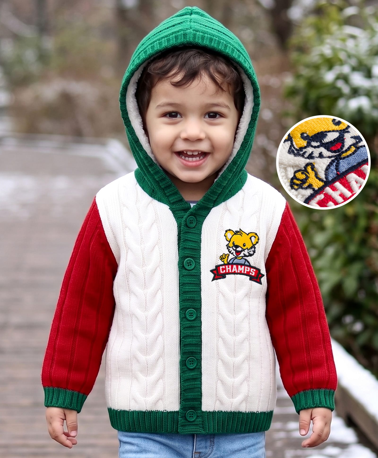 Babyhug Knitted Full Sleeves Hooded Sweater With Tiger Embroidery - Green White & Red-image-11