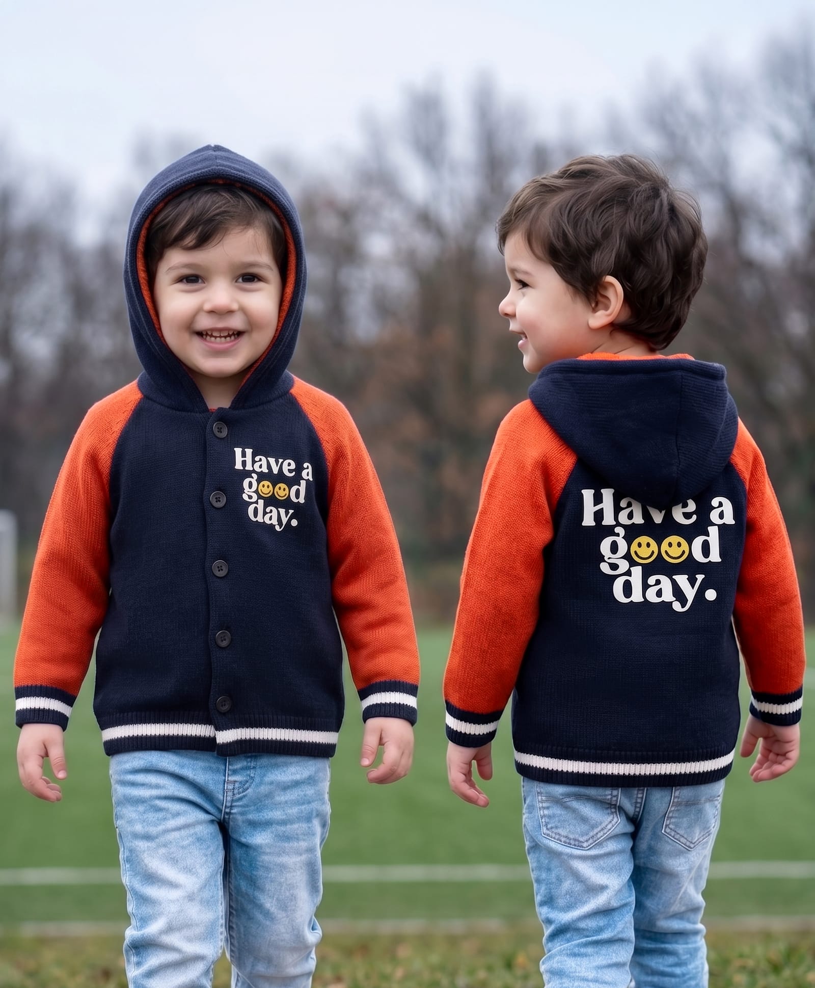 Babyhug Knit Full Raglan Sleeves Hooded Sweater with Front & Back Text Design - Navy-picture-25