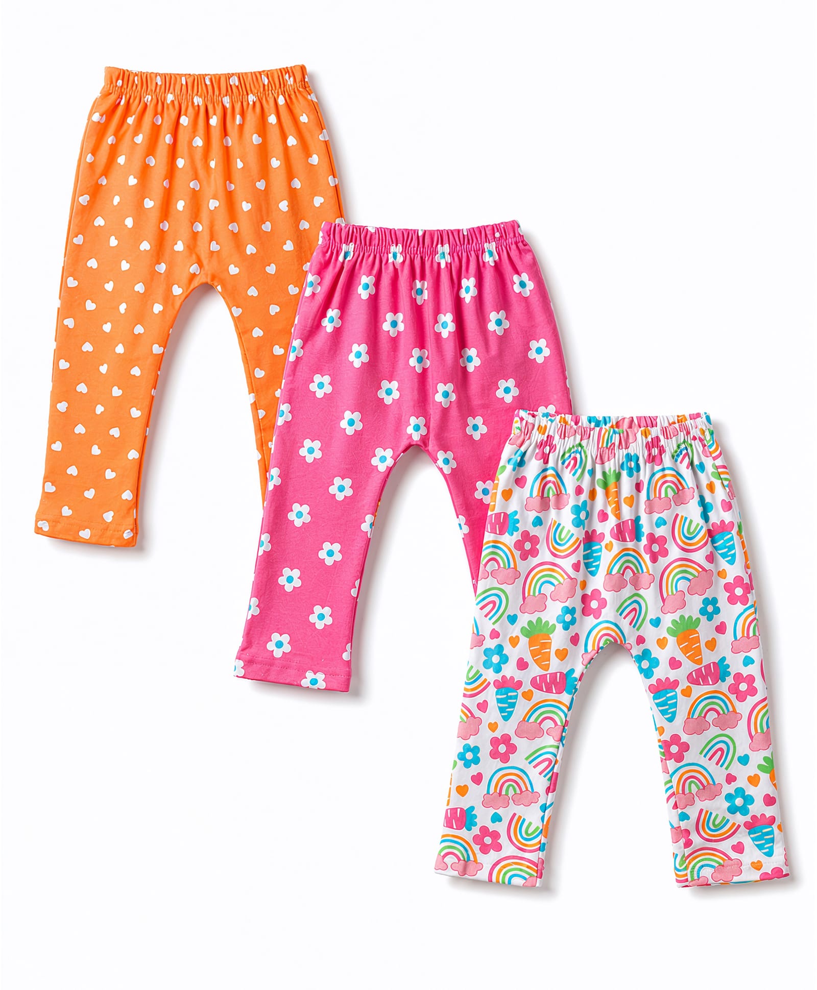 Babyhug Cotton Knit Full Length Diaper Leggings With Floral Heart & Rainbow Print Pack of 3 - Multicolor-image-13