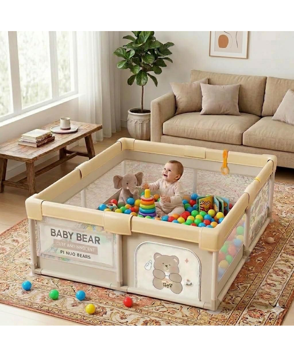 Safe-O-Kid Large Playpen for Baby up to 5 Years with Safety Lock, Baby Playard with 50 Balls and 2 Anti-Fall Grasp Rings-picture-13