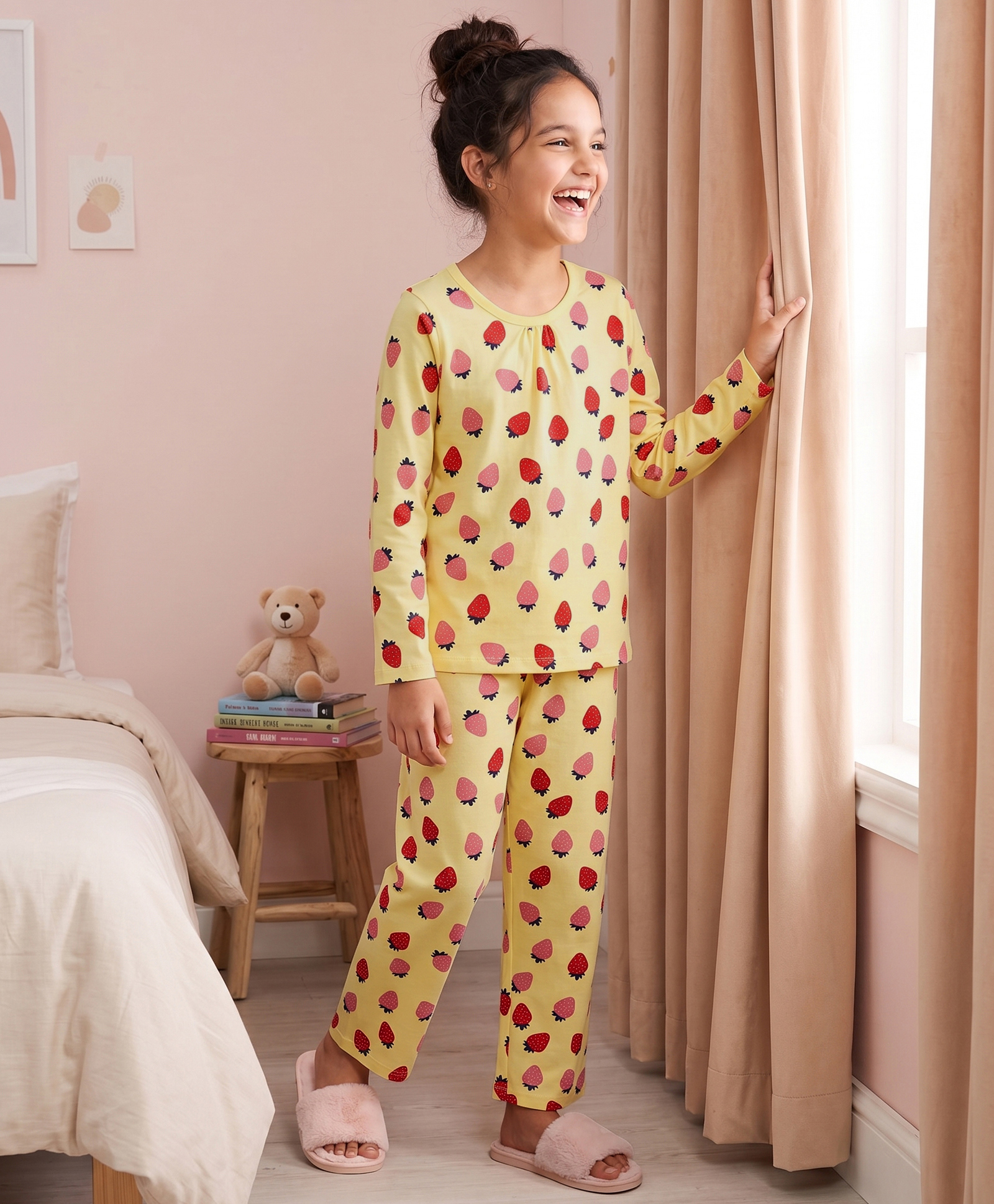 Pine Kids Cotton Knit Full Sleeves Top & Pyjama Co-ord Night Suit with Strawberry Print - Yellow-image-21